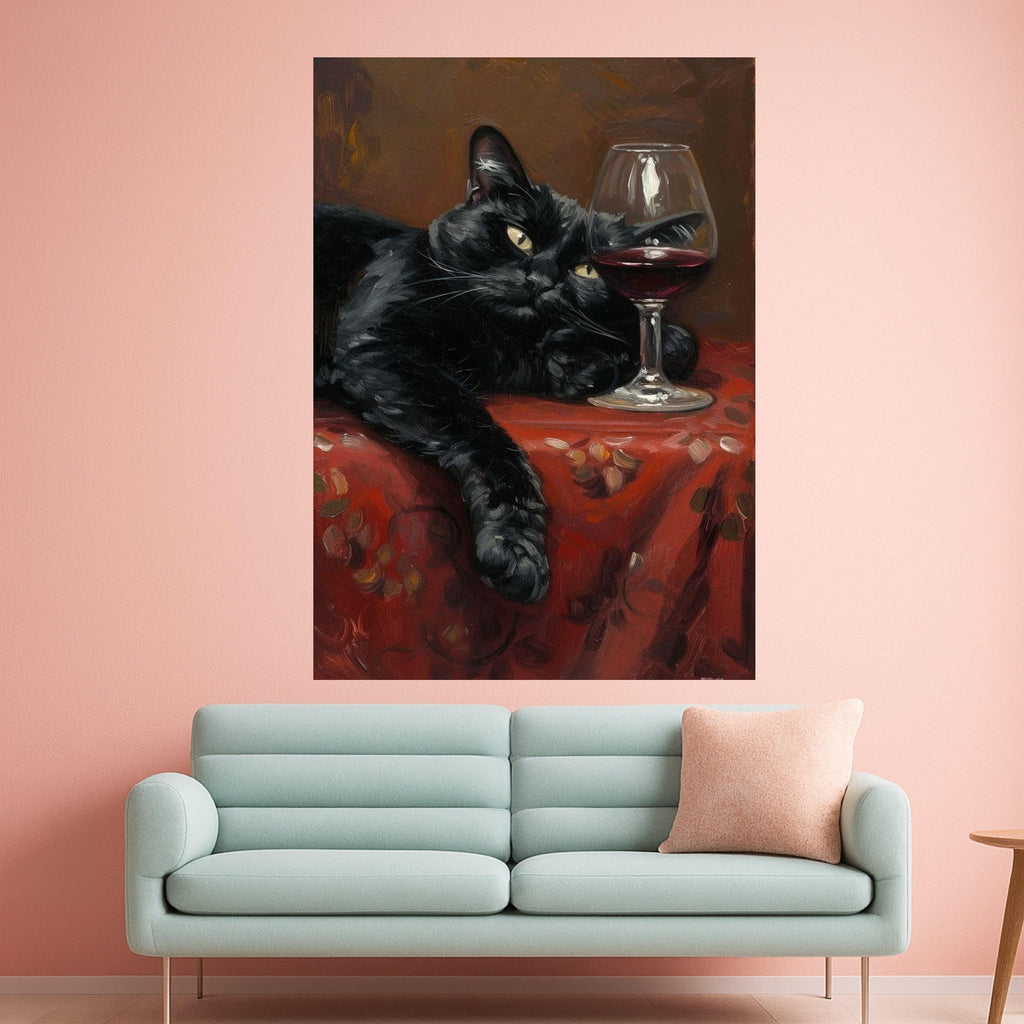 Relaxed Black Cat Painting, Wine Glass Canvas Wall Art, Cozy Home Decor, Cat Lover Gift, Still Life Canvas, Animal Art Print, Ready To Hang,