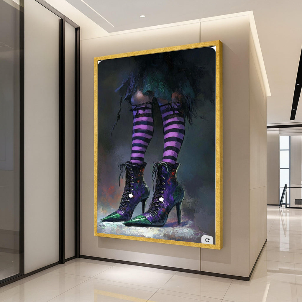 Witchy Purple Striped Socks and High Heel Boots, Gothic Canvas Wall Art, Halloween Decor, Dark Fantasy Canvas, Home Ready To Hang,