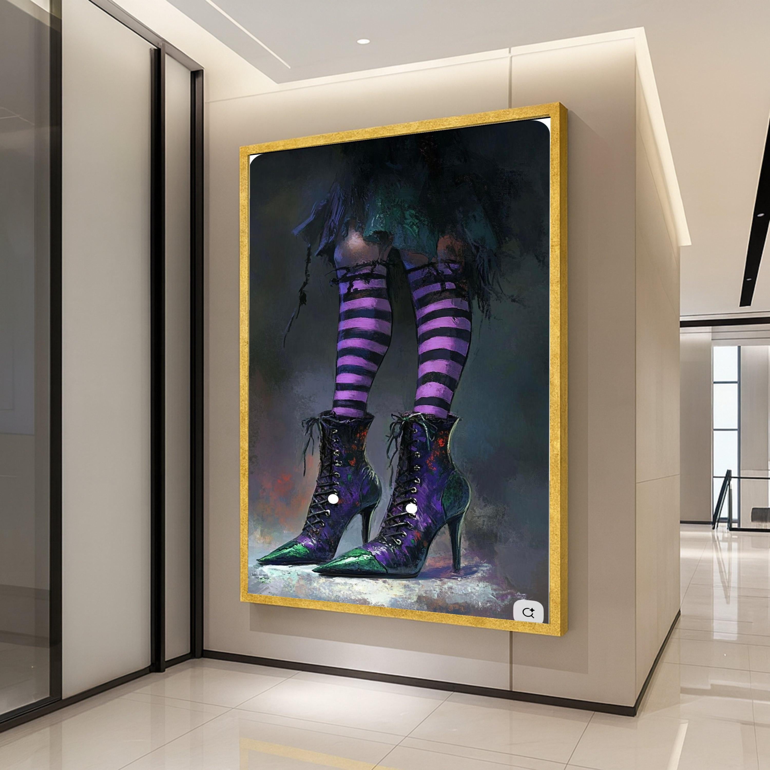 Witchy Purple Striped Socks and High Heel Boots, Gothic Canvas Wall Art, Halloween Decor, Dark Fantasy Canvas, Home Ready To Hang,