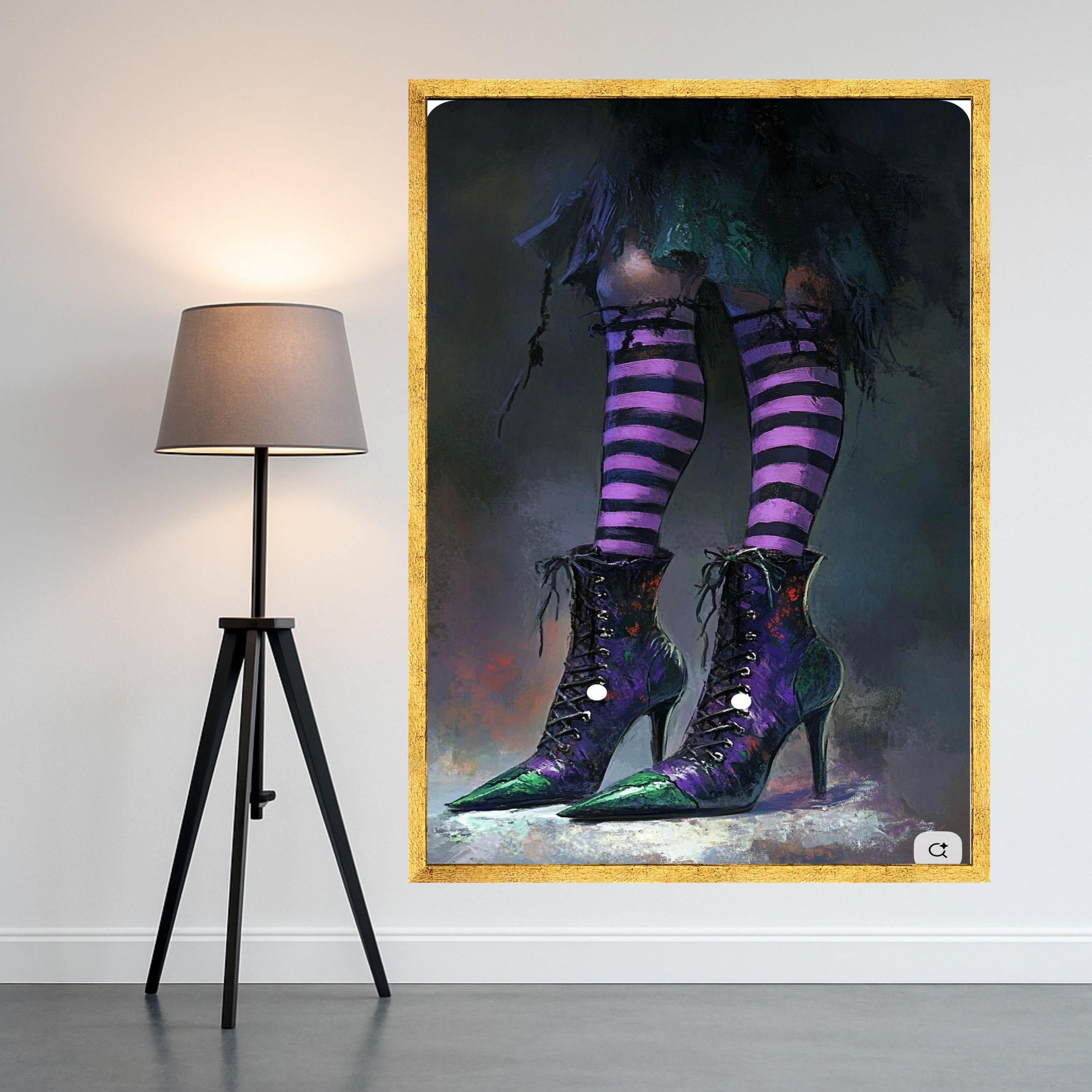 Witchy Purple Striped Socks and High Heel Boots, Gothic Canvas Wall Art, Halloween Decor, Dark Fantasy Canvas, Home Ready To Hang,