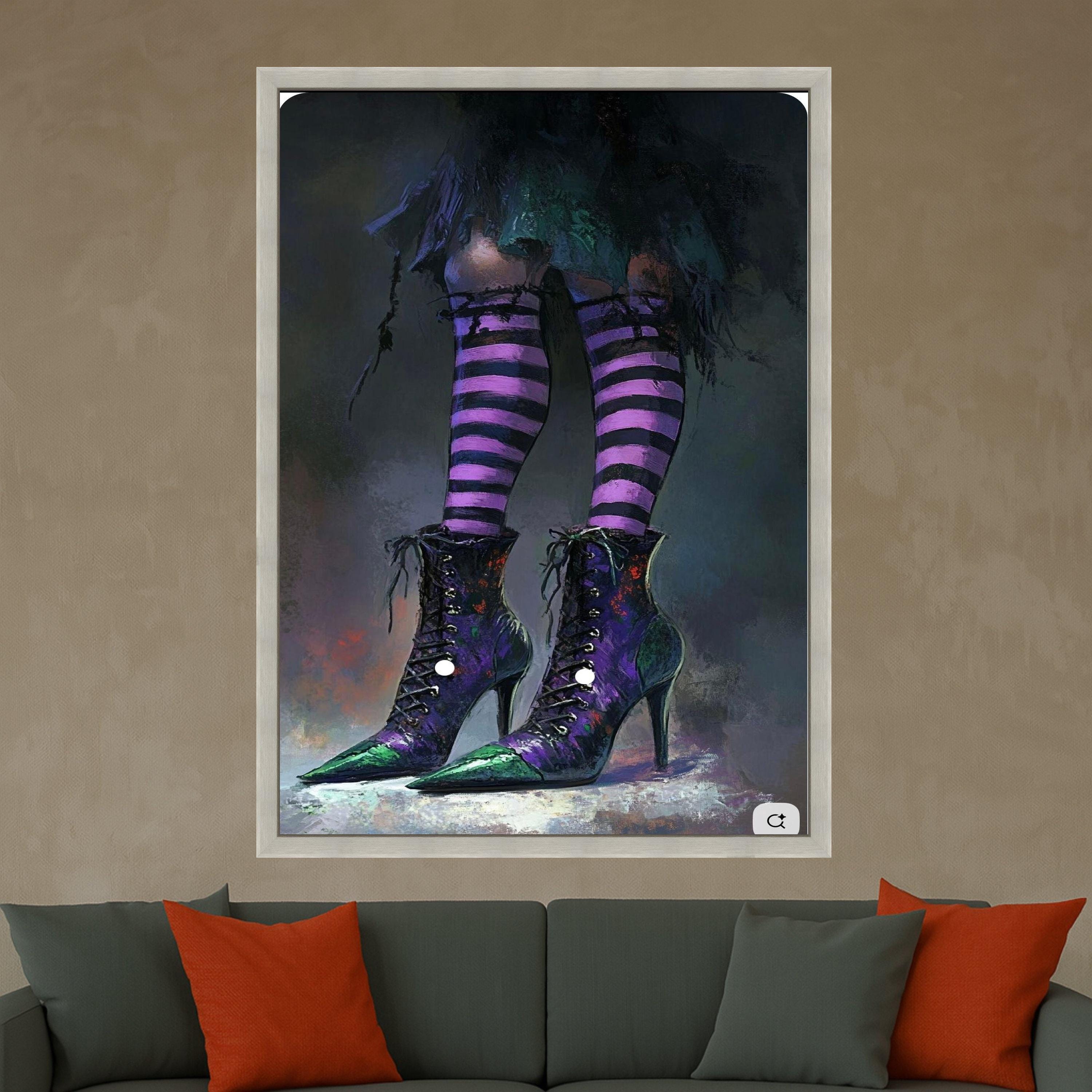 Witchy Purple Striped Socks and High Heel Boots, Gothic Canvas Wall Art, Halloween Decor, Dark Fantasy Canvas, Home Ready To Hang,