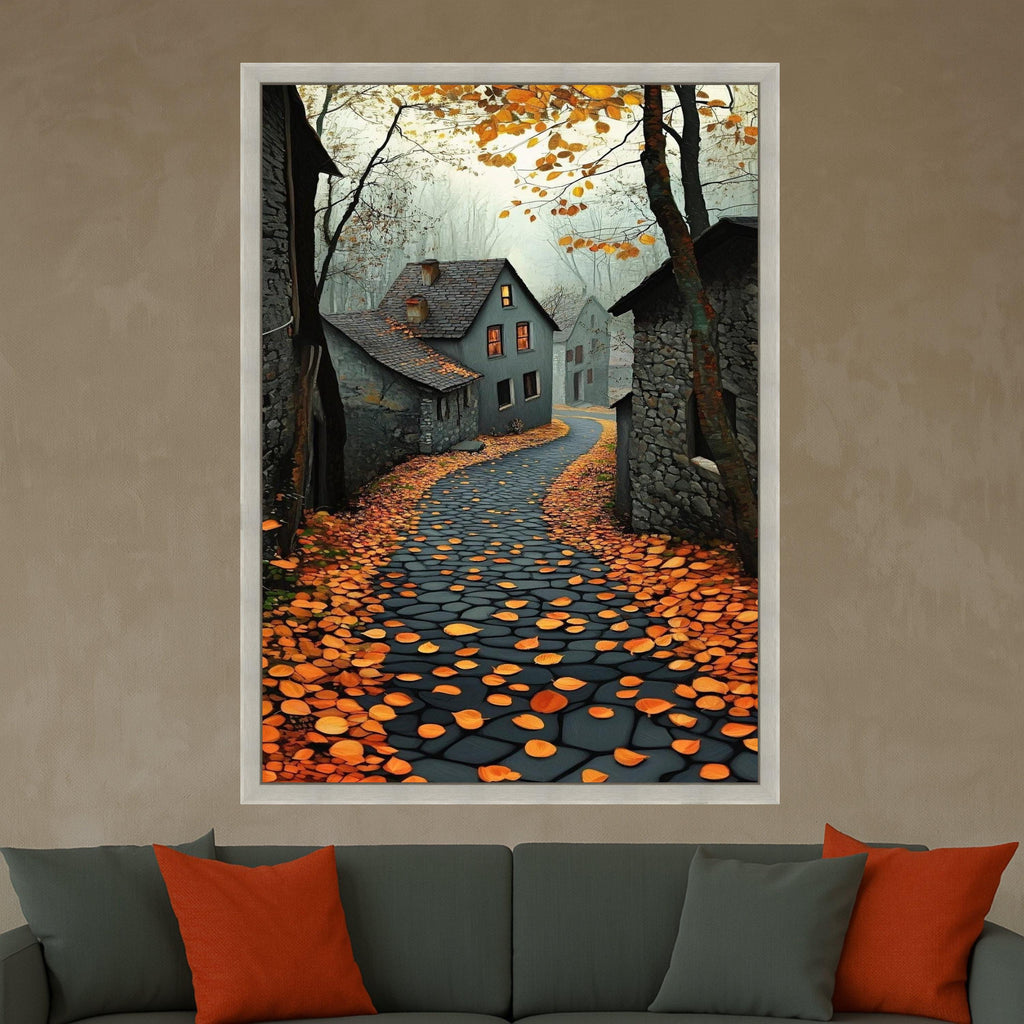 Autumn Village Path Canvas Wall Art, Cozy Countryside Scene, Fall Leaves and Stone Road, Warm Home Decoration, Rustic Ready To Hang,