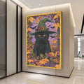 Black Cat with Witch Hat Canvas, Halloween Wall Art, Autumn Leaves Decor, Spooky Cat Canvas, Fall Season Canvas, Halloween Ready To Hang,