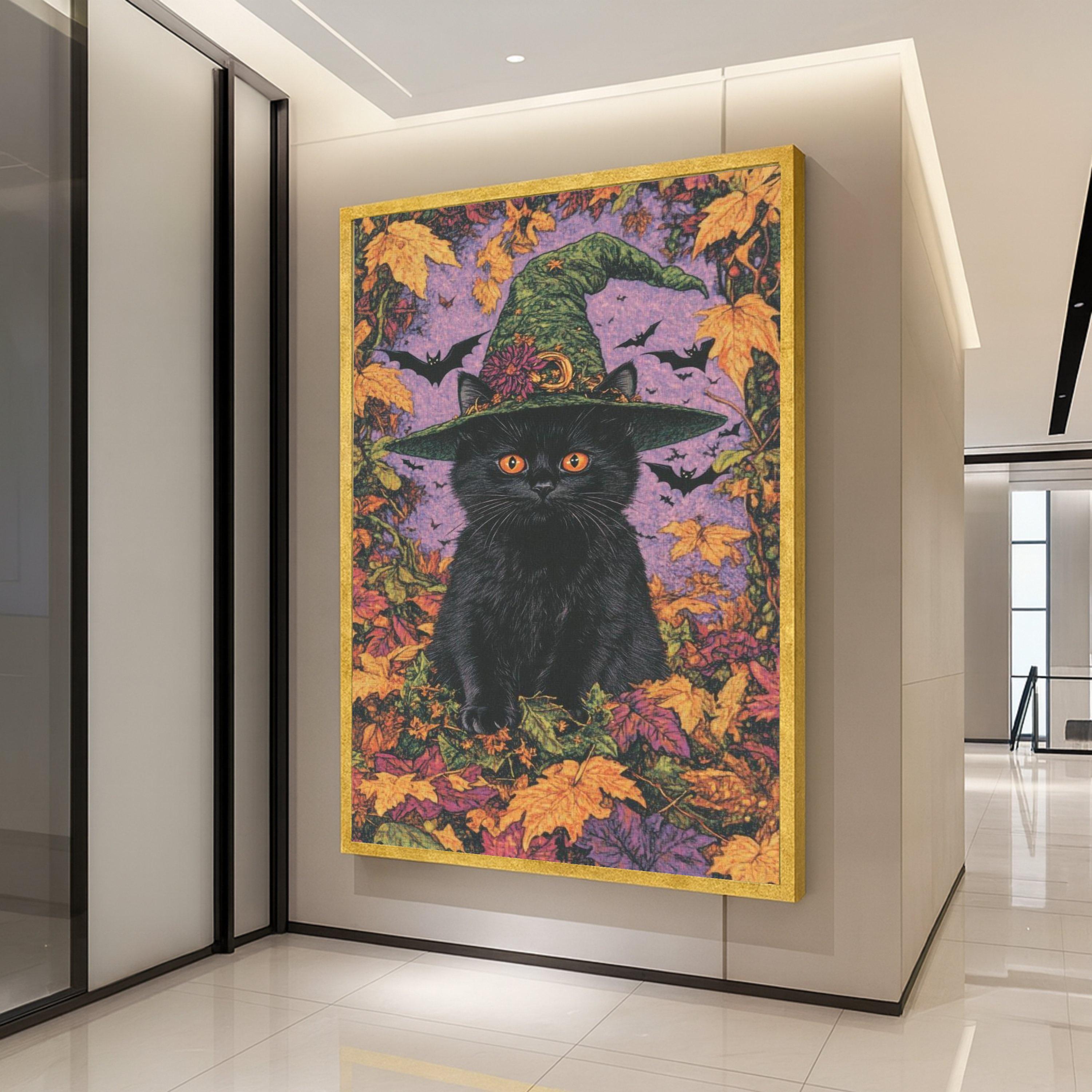 Black Cat with Witch Hat Canvas, Halloween Wall Art, Autumn Leaves Decor, Spooky Cat Canvas, Fall Season Canvas, Halloween Ready To Hang,