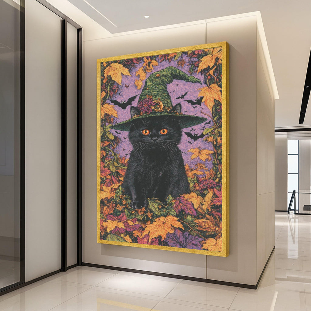 Black Cat with Witch Hat Canvas, Halloween Wall Art, Autumn Leaves Decor, Spooky Cat Canvas, Fall Season Canvas, Halloween Ready To Hang,