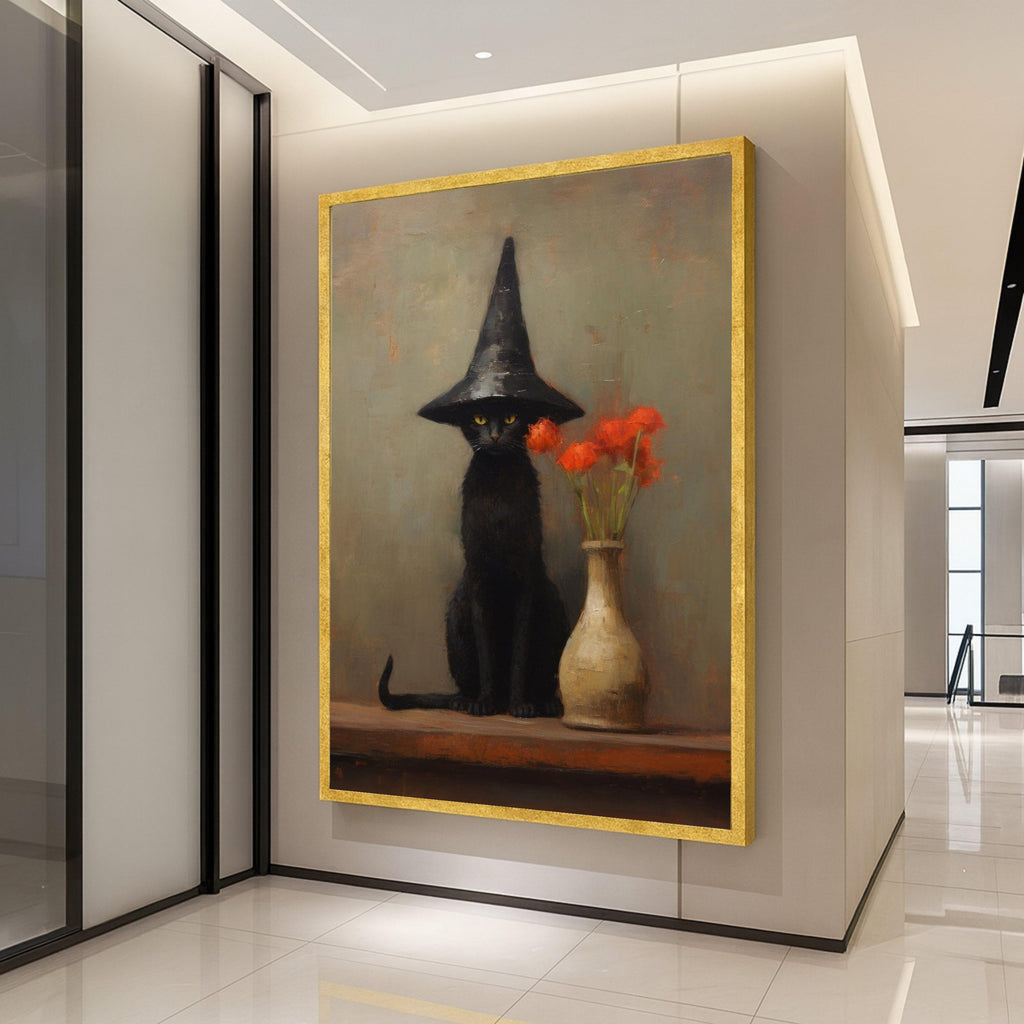 Witch Cat Canvas Print – Black Cat Wall Art with Hat, Gothic Wall Decor, Ready to Hang Halloween Wall Decoration
