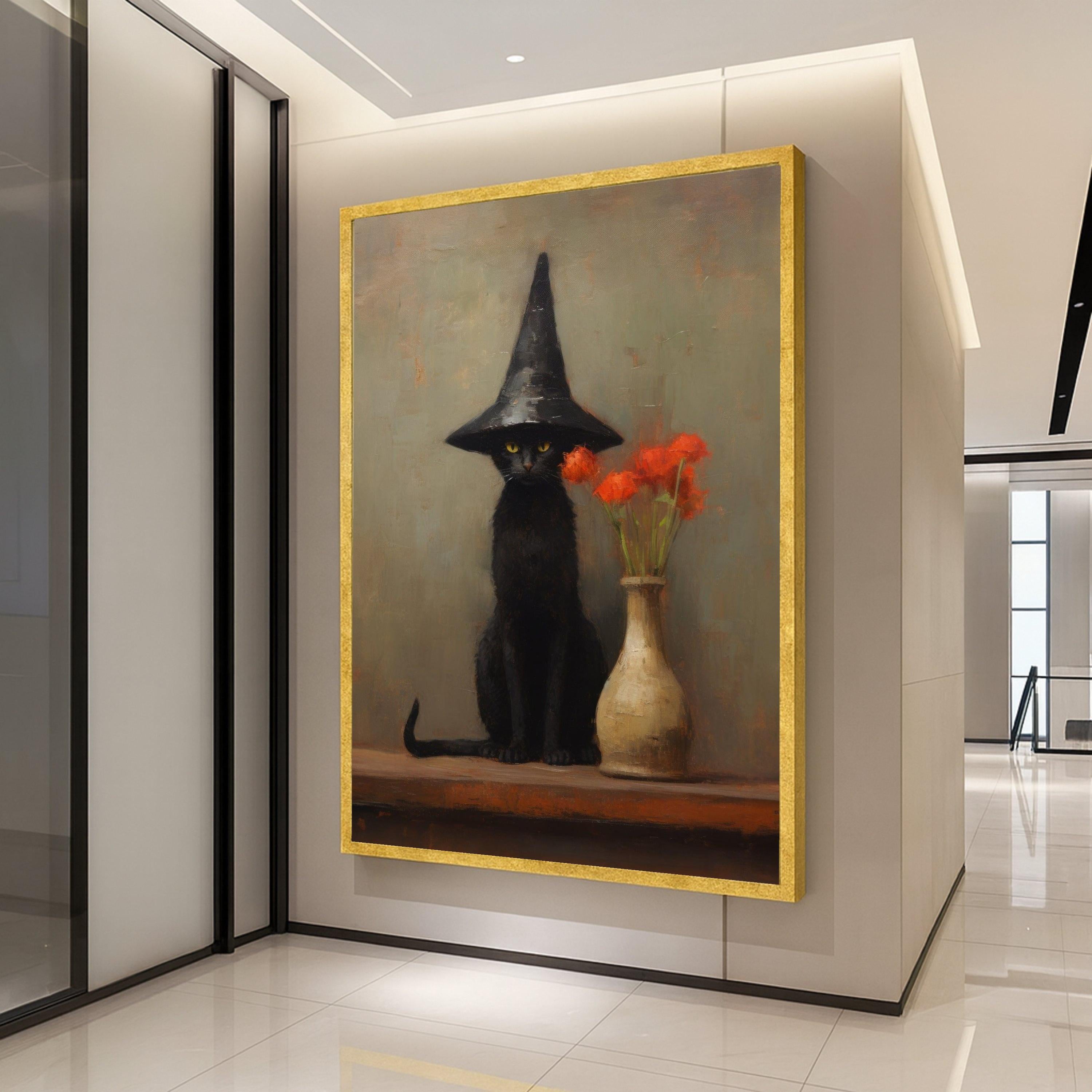 Witch Cat Canvas Print – Black Cat Wall Art with Hat, Gothic Wall Decor, Ready to Hang Halloween Wall Decoration