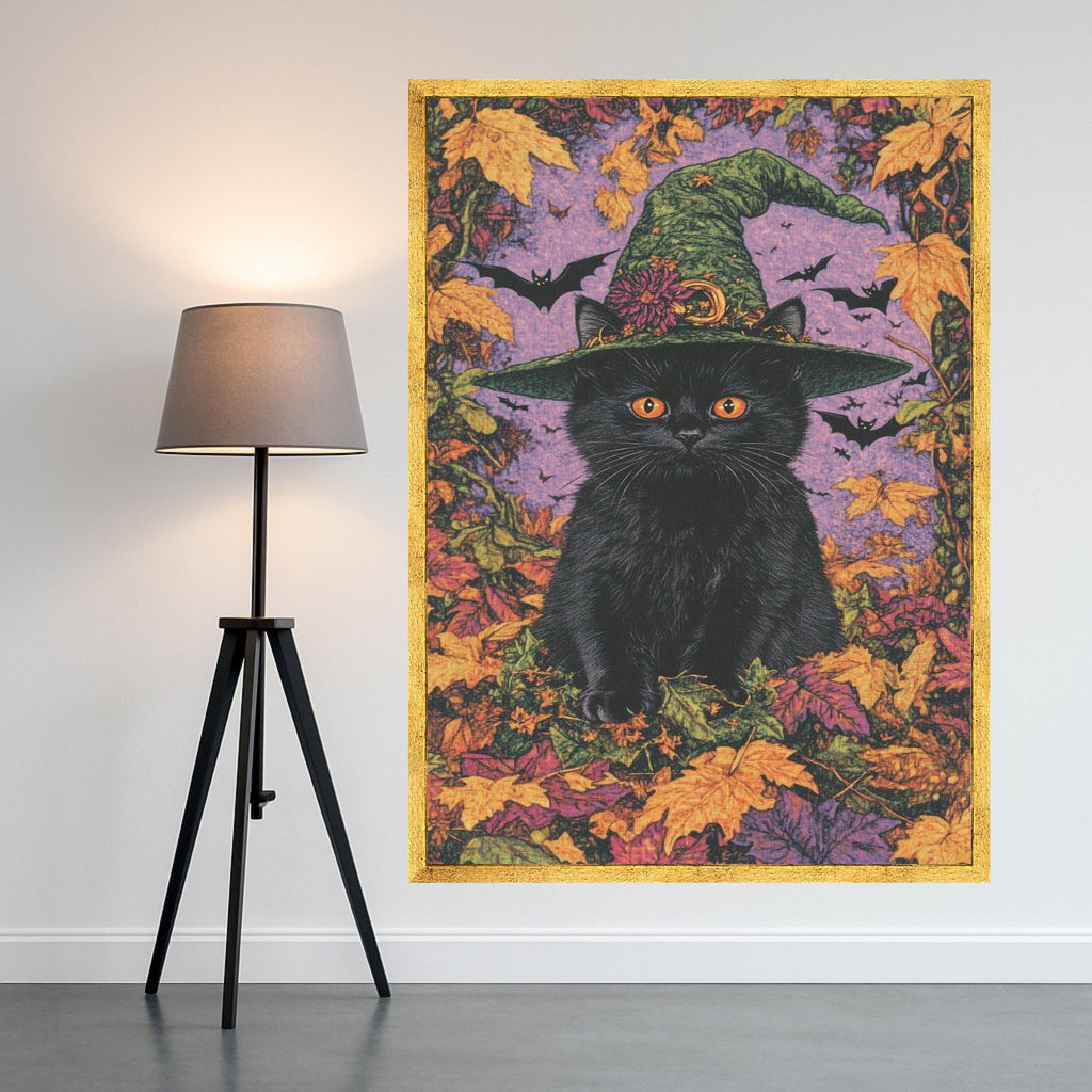 Black Cat with Witch Hat Canvas, Halloween Wall Art, Autumn Leaves Decor, Spooky Cat Canvas, Fall Season Canvas, Halloween Ready To Hang,
