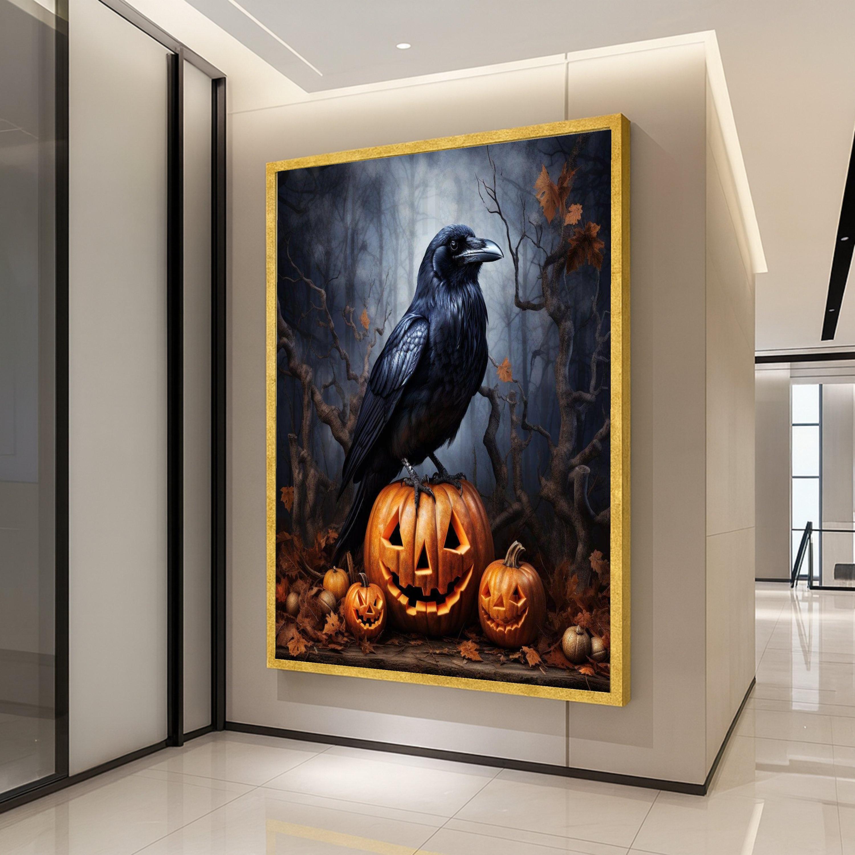 Halloween Raven on Jack O Lantern Canvas, Spooky Pumpkin Halloween Decor, Gothic Autumn Wall Art, Dark Forest Scene Canvas, Ready To Hang,