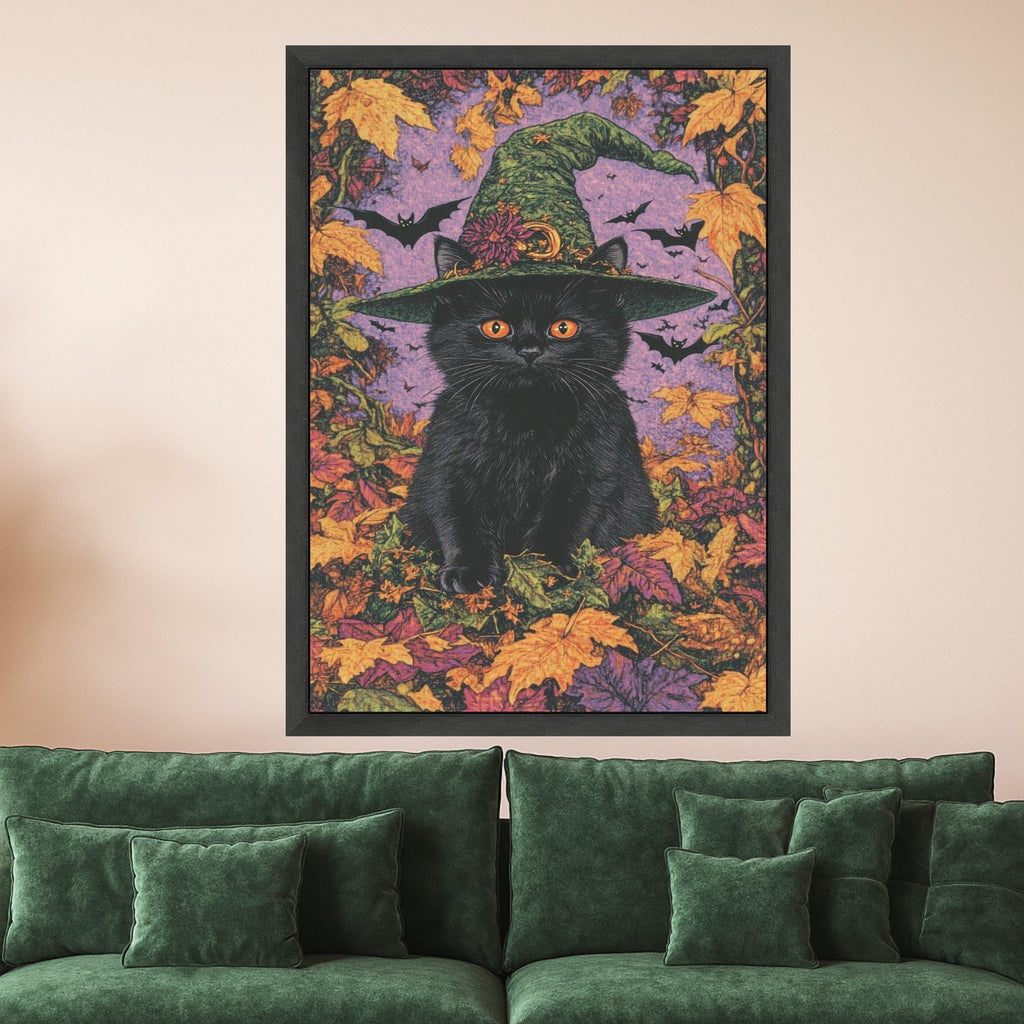 Black Cat with Witch Hat Canvas, Halloween Wall Art, Autumn Leaves Decor, Spooky Cat Canvas, Fall Season Canvas, Halloween Ready To Hang,