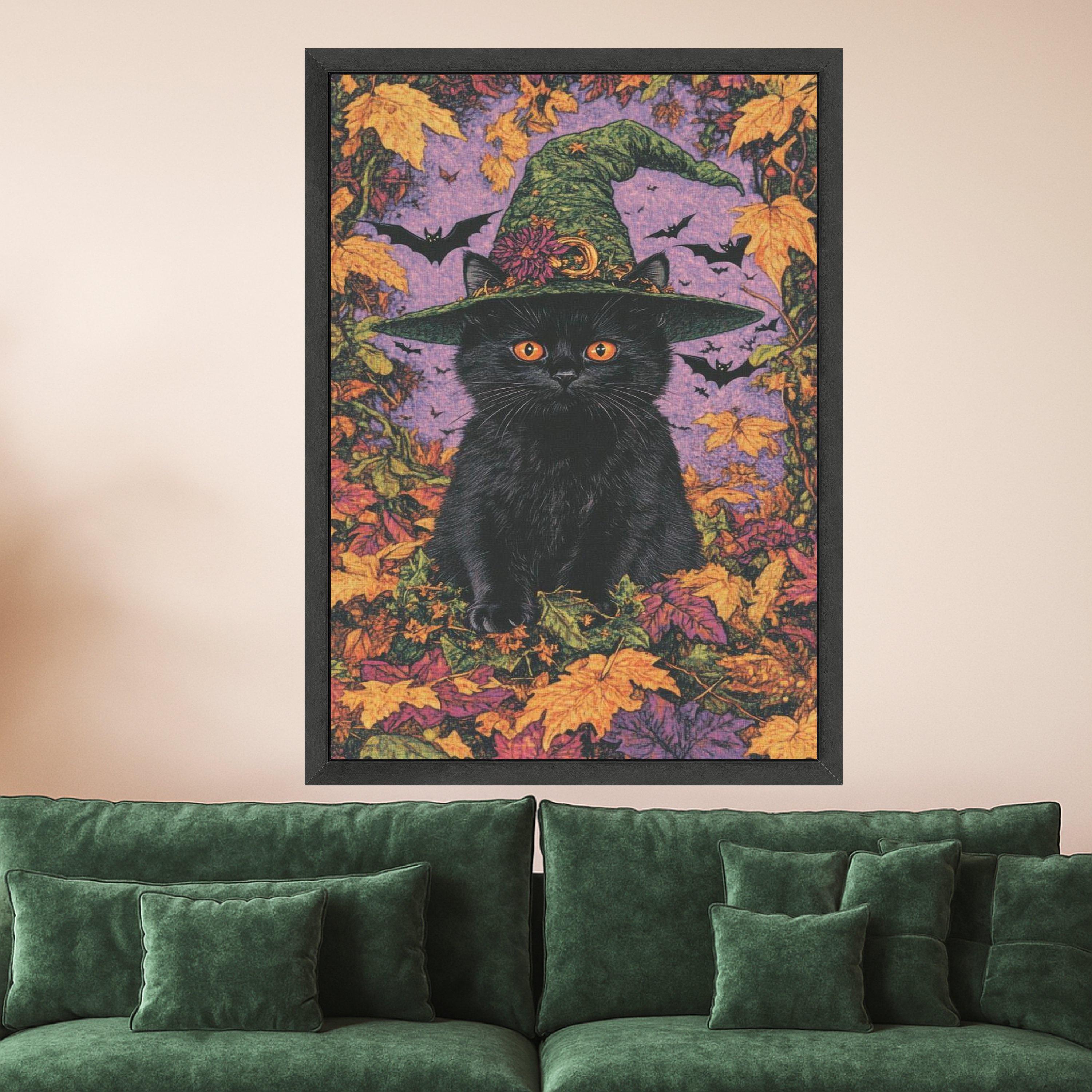 Black Cat with Witch Hat Canvas, Halloween Wall Art, Autumn Leaves Decor, Spooky Cat Canvas, Fall Season Canvas, Halloween Ready To Hang,