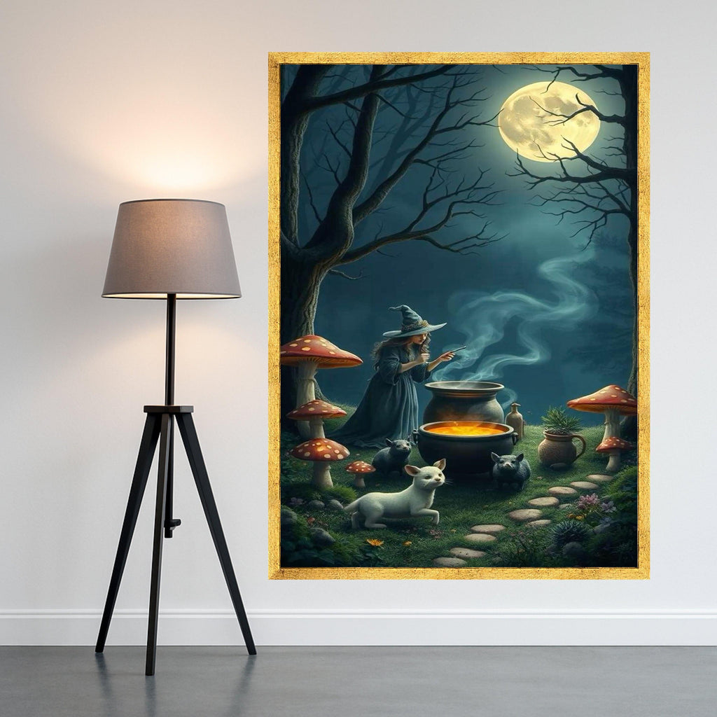 Enchanted Witch Brewing Potion Canvas, Magical Night Forest Wall Art, Full Moon Scene, Fantasy Witchcraft Decor, Halloween Ready To Hang,