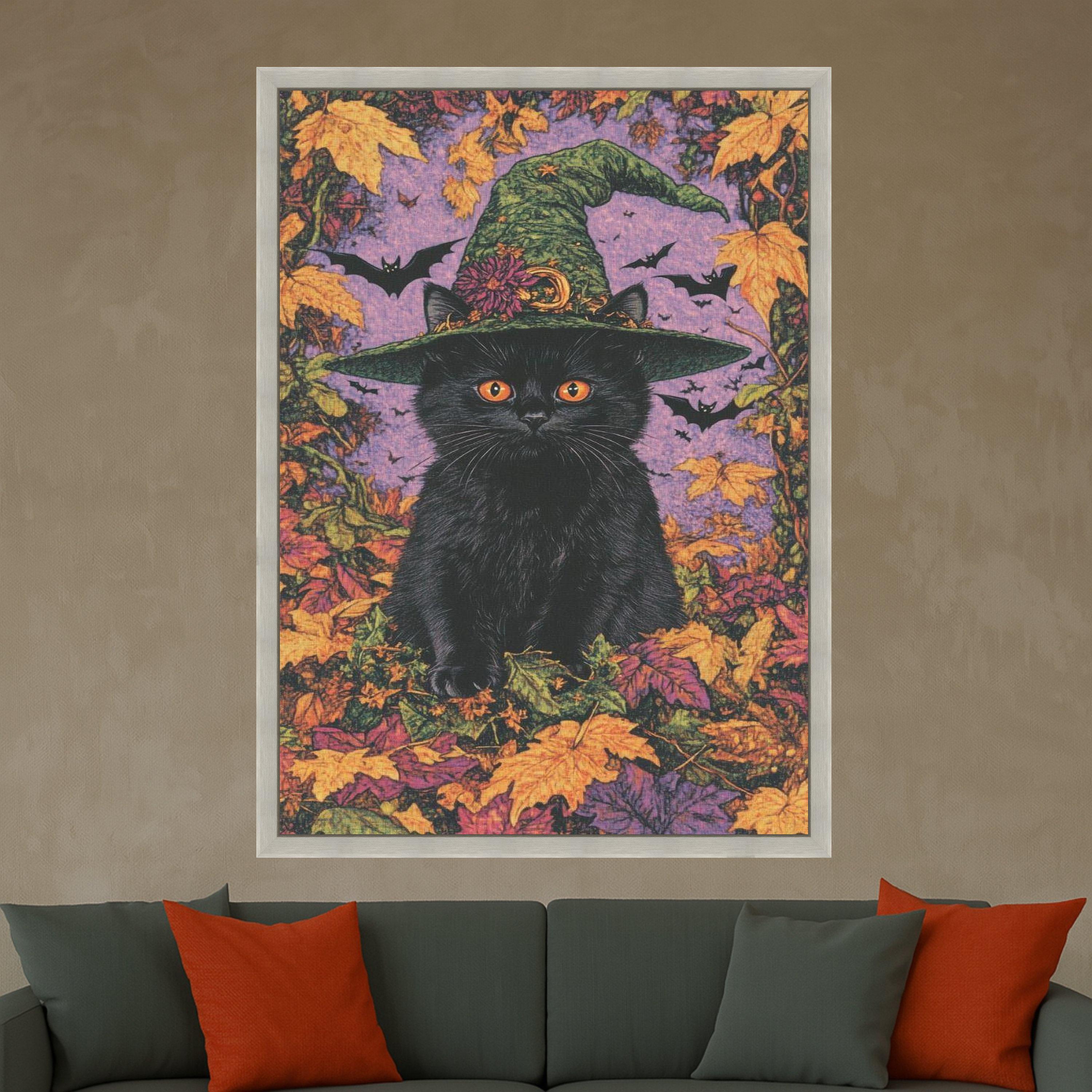 Black Cat with Witch Hat Canvas, Halloween Wall Art, Autumn Leaves Decor, Spooky Cat Canvas, Fall Season Canvas, Halloween Ready To Hang,