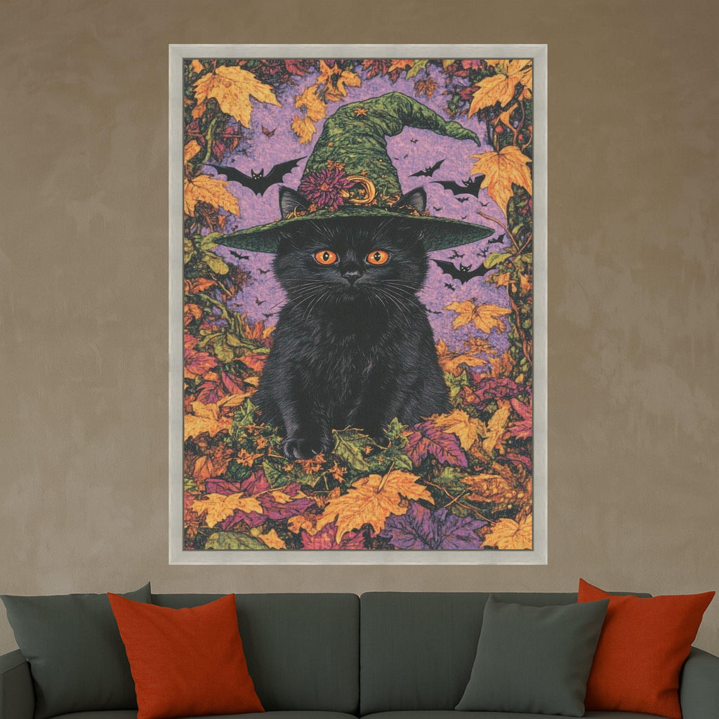 Black Cat with Witch Hat Canvas, Halloween Wall Art, Autumn Leaves Decor, Spooky Cat Canvas, Fall Season Canvas, Halloween Ready To Hang,