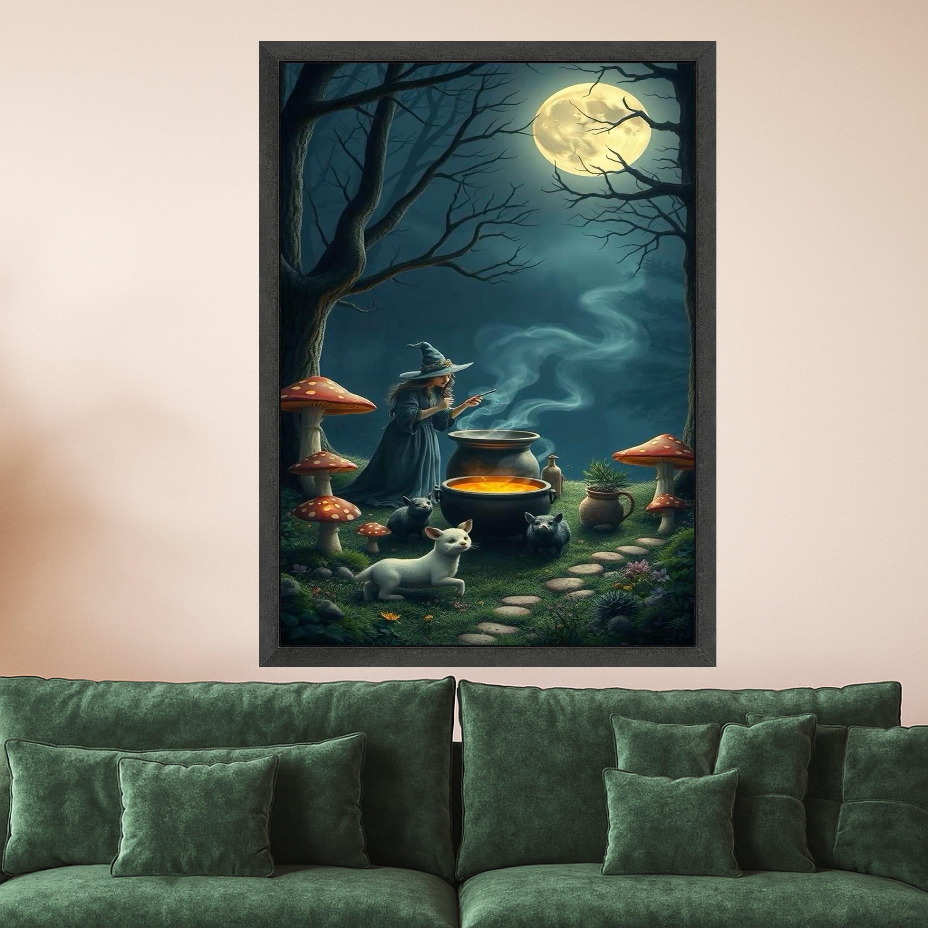 Enchanted Witch Brewing Potion Canvas, Magical Night Forest Wall Art, Full Moon Scene, Fantasy Witchcraft Decor, Halloween Ready To Hang,