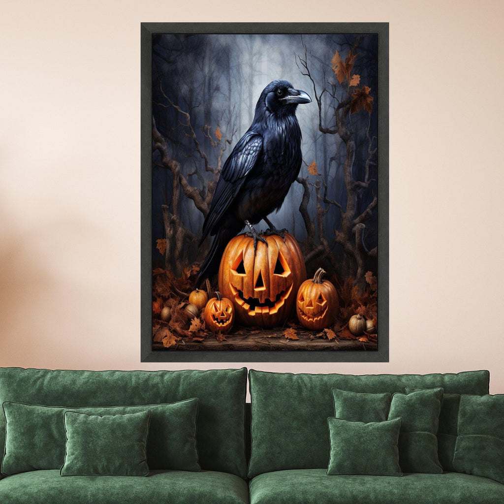 Halloween Raven on Jack O Lantern Canvas, Spooky Pumpkin Halloween Decor, Gothic Autumn Wall Art, Dark Forest Scene Canvas, Ready To Hang,