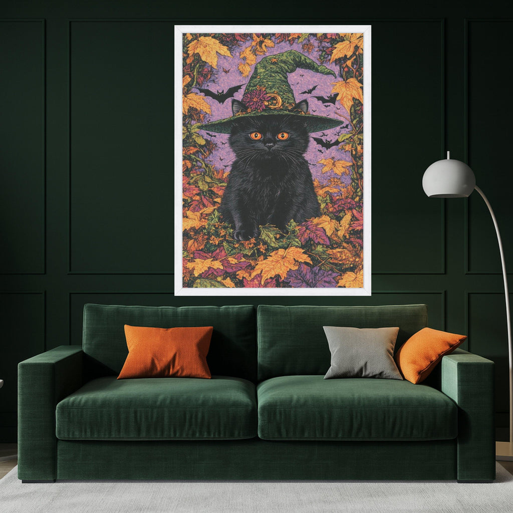 Black Cat with Witch Hat Canvas, Halloween Wall Art, Autumn Leaves Decor, Spooky Cat Canvas, Fall Season Canvas, Halloween Ready To Hang,