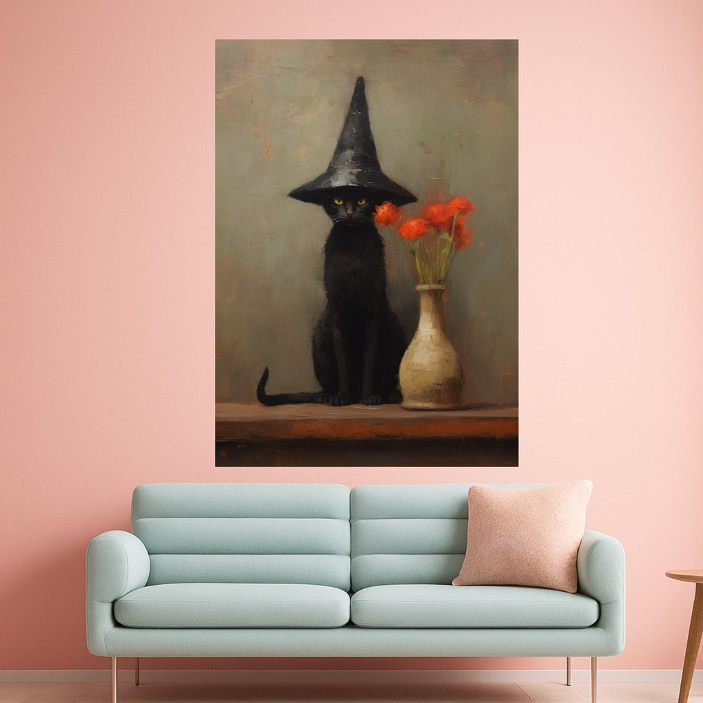 Witch Cat Canvas Print – Black Cat Wall Art with Hat, Gothic Wall Decor, Ready to Hang Halloween Wall Decoration