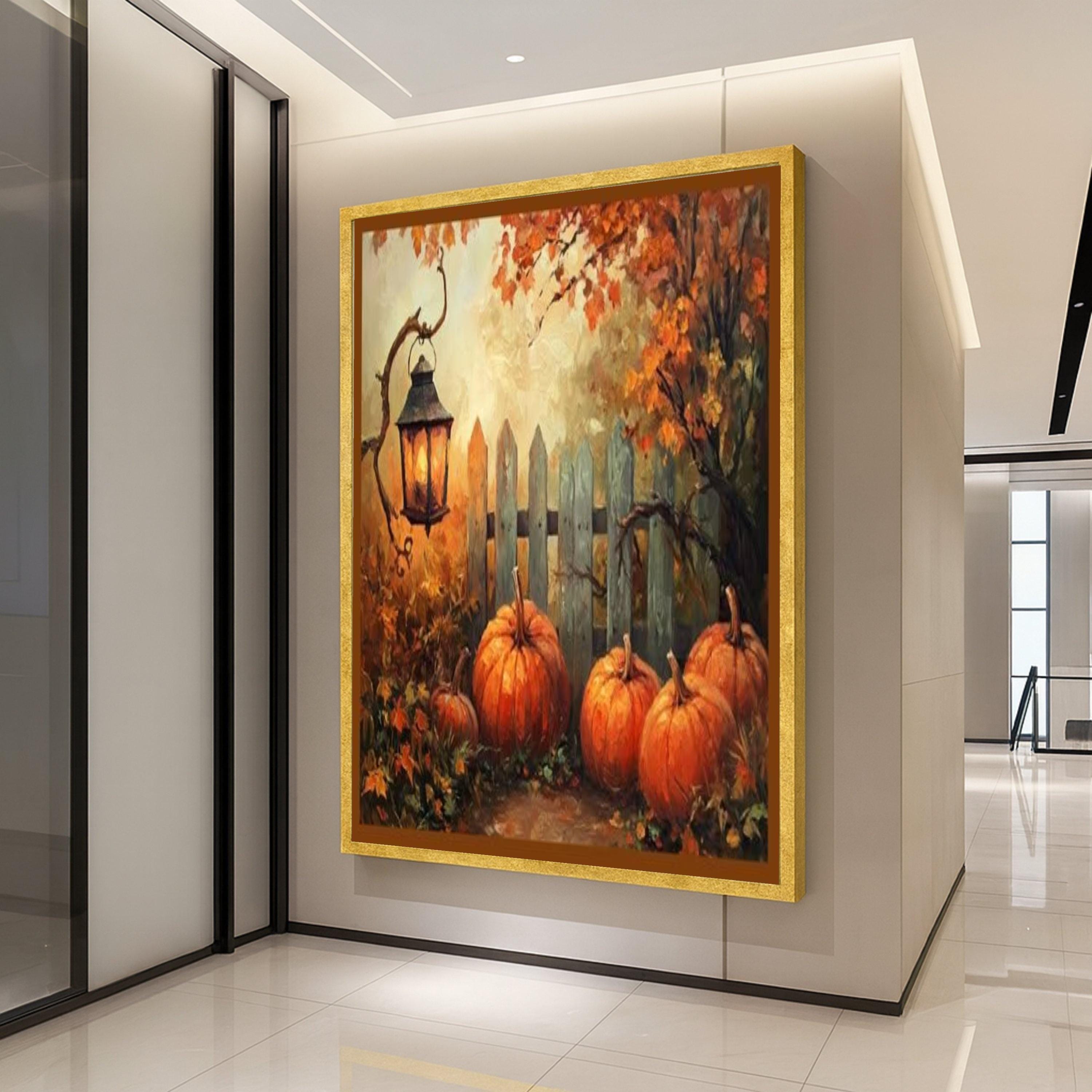 Autumn Pumpkin Patch Canvas, Rustic Lantern Wall Art, Fall Harvest Decoration, Seasonal Home Decor, Cozy Autumn Landscape Ready To Hang,