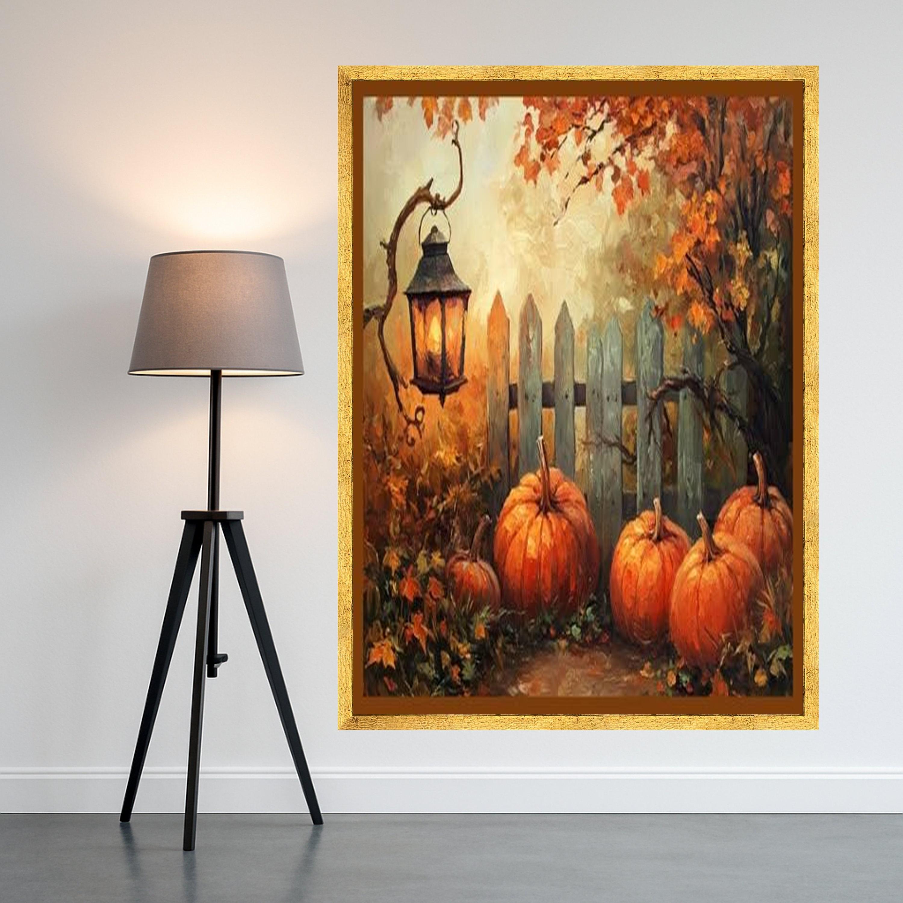 Autumn Pumpkin Patch Canvas, Rustic Lantern Wall Art, Fall Harvest Decoration, Seasonal Home Decor, Cozy Autumn Landscape Ready To Hang,