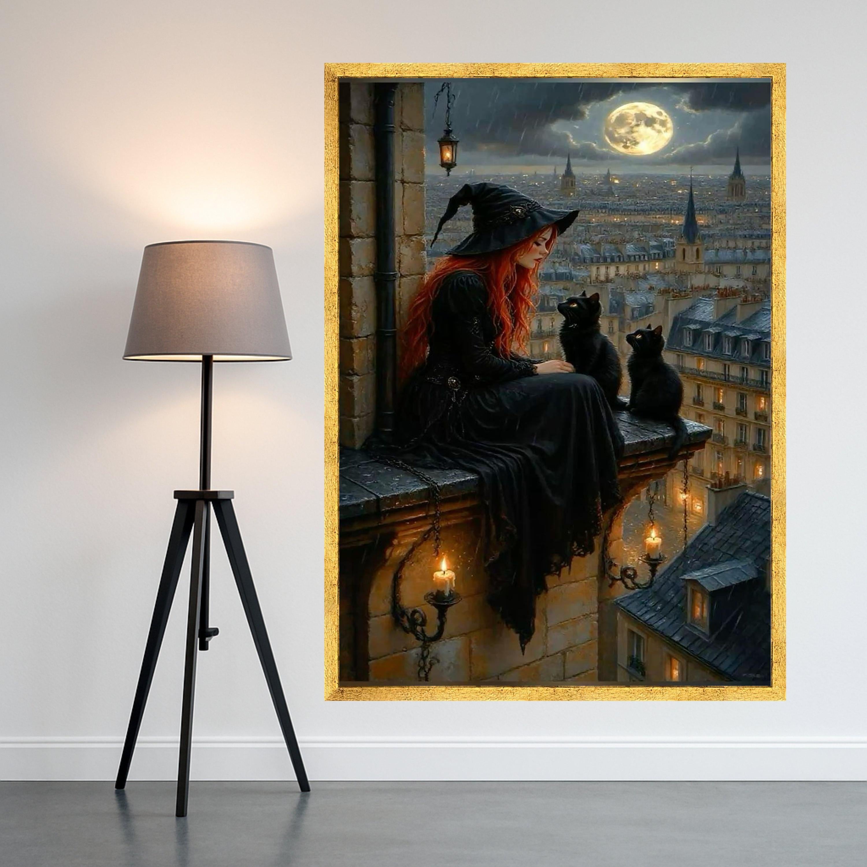 Witch and Black Cats Canvas Wall Art – Gothic Fantasy Wall Decor, Full Moon Witchy Artwork, Halloween Wall Art Ready to Hang