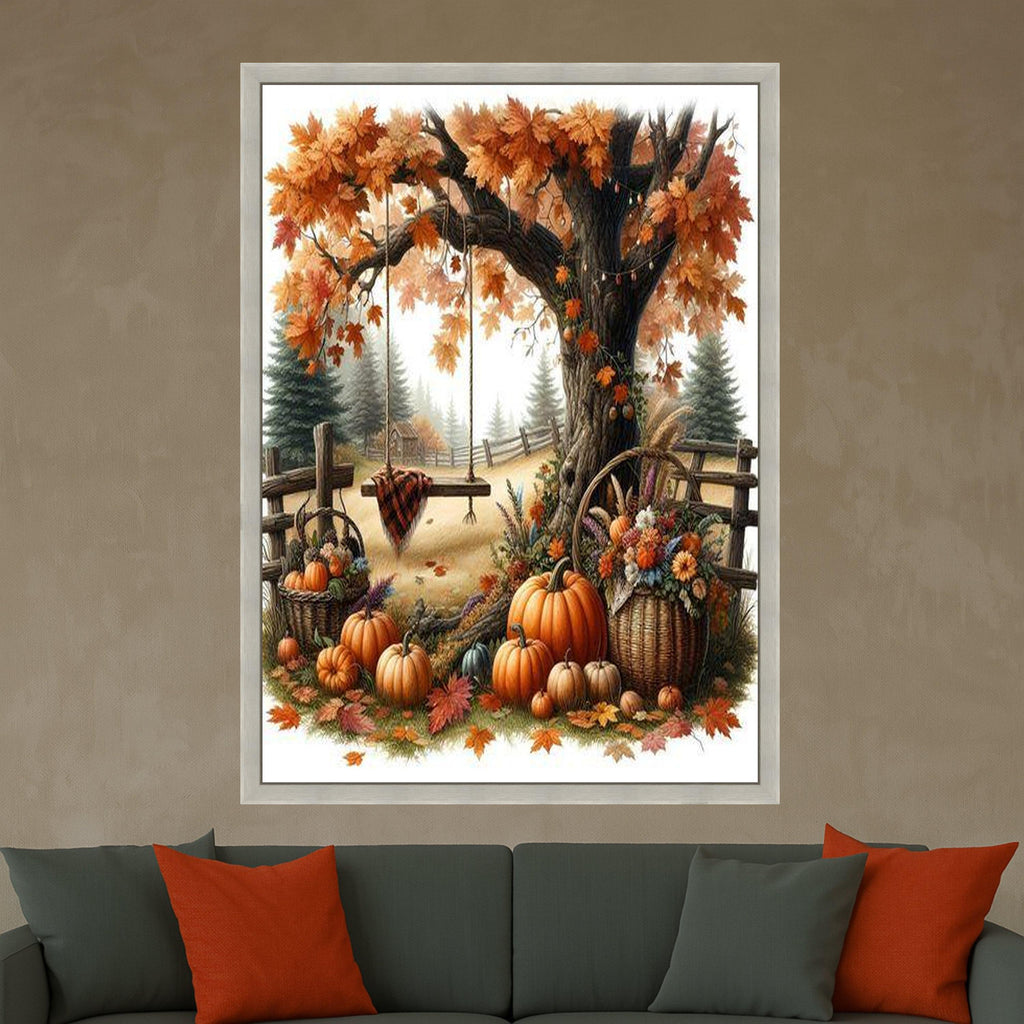 Autumn Harvest Canvas Print – Fall Wall Art with Pumpkins, Rustic Wall Decor, Ready to Hang Thanksgiving Wall Decoration