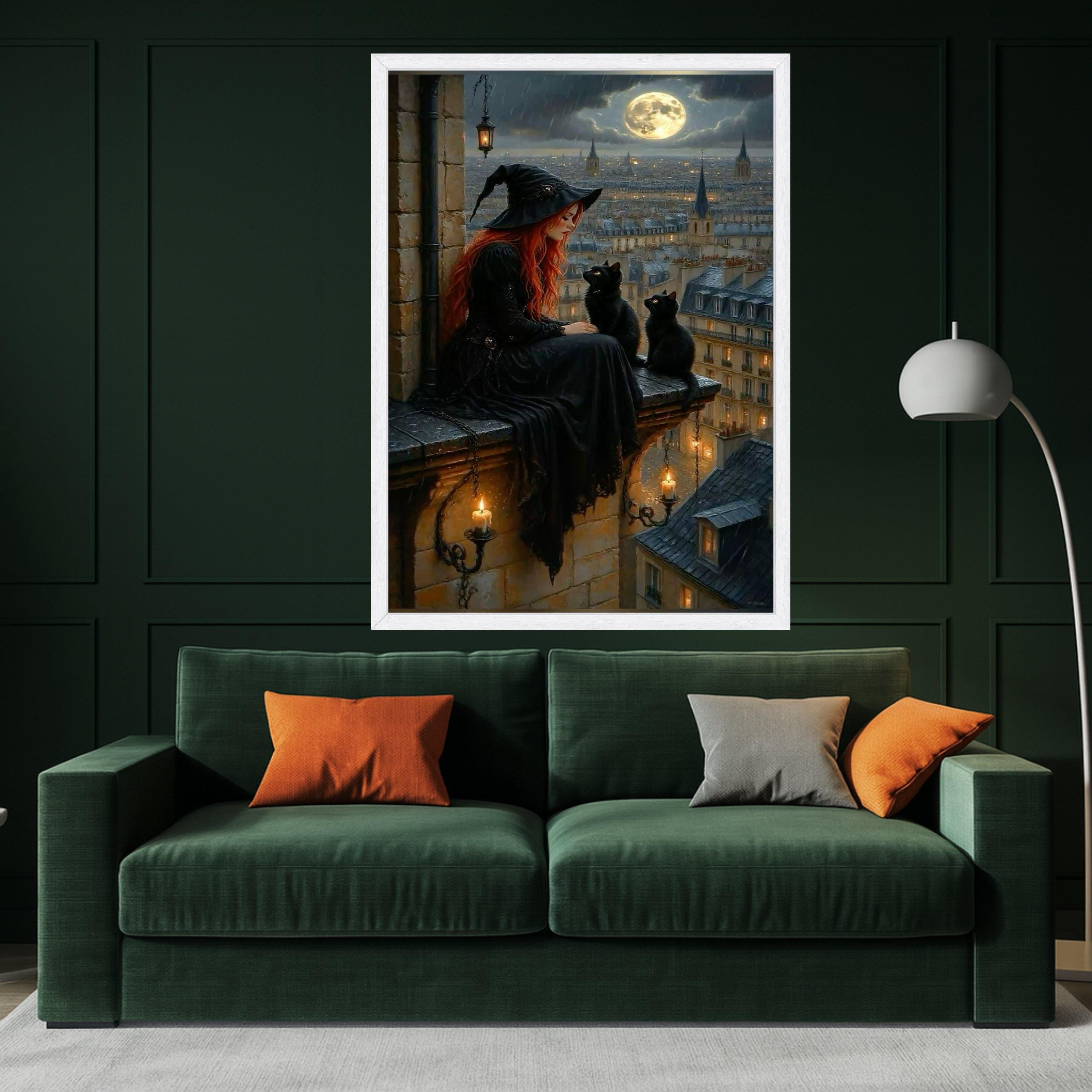 Witch and Black Cats Canvas Wall Art – Gothic Fantasy Wall Decor, Full Moon Witchy Artwork, Halloween Wall Art Ready to Hang