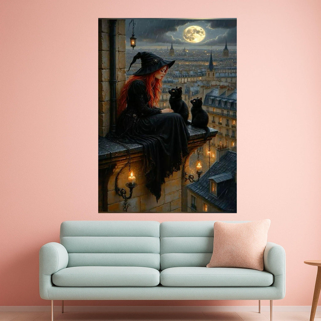 Witch and Black Cats Canvas Wall Art – Gothic Fantasy Wall Decor, Full Moon Witchy Artwork, Halloween Wall Art Ready to Hang