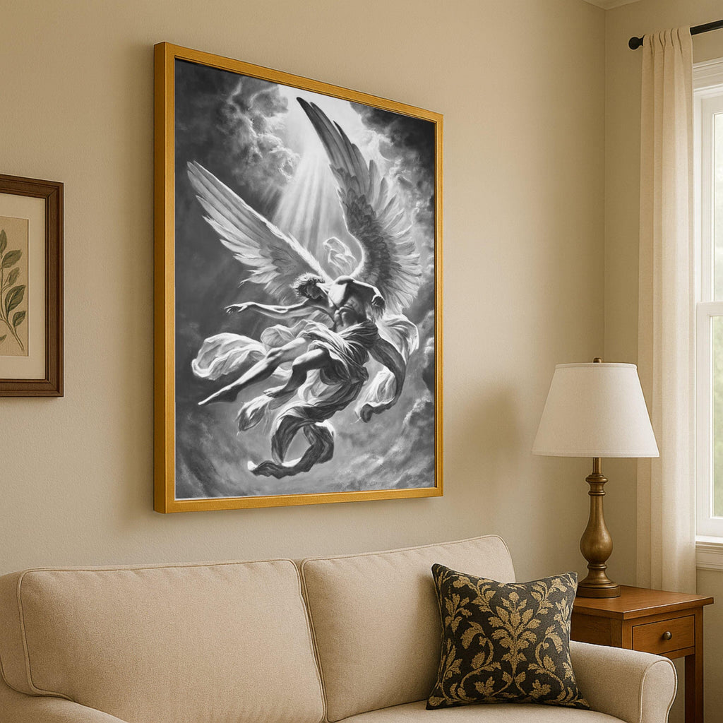 Black and White Angel Canvas Print – Spiritual Wall Art, Dramatic Wall Decor, Heavenly Artwork Ready to Hang