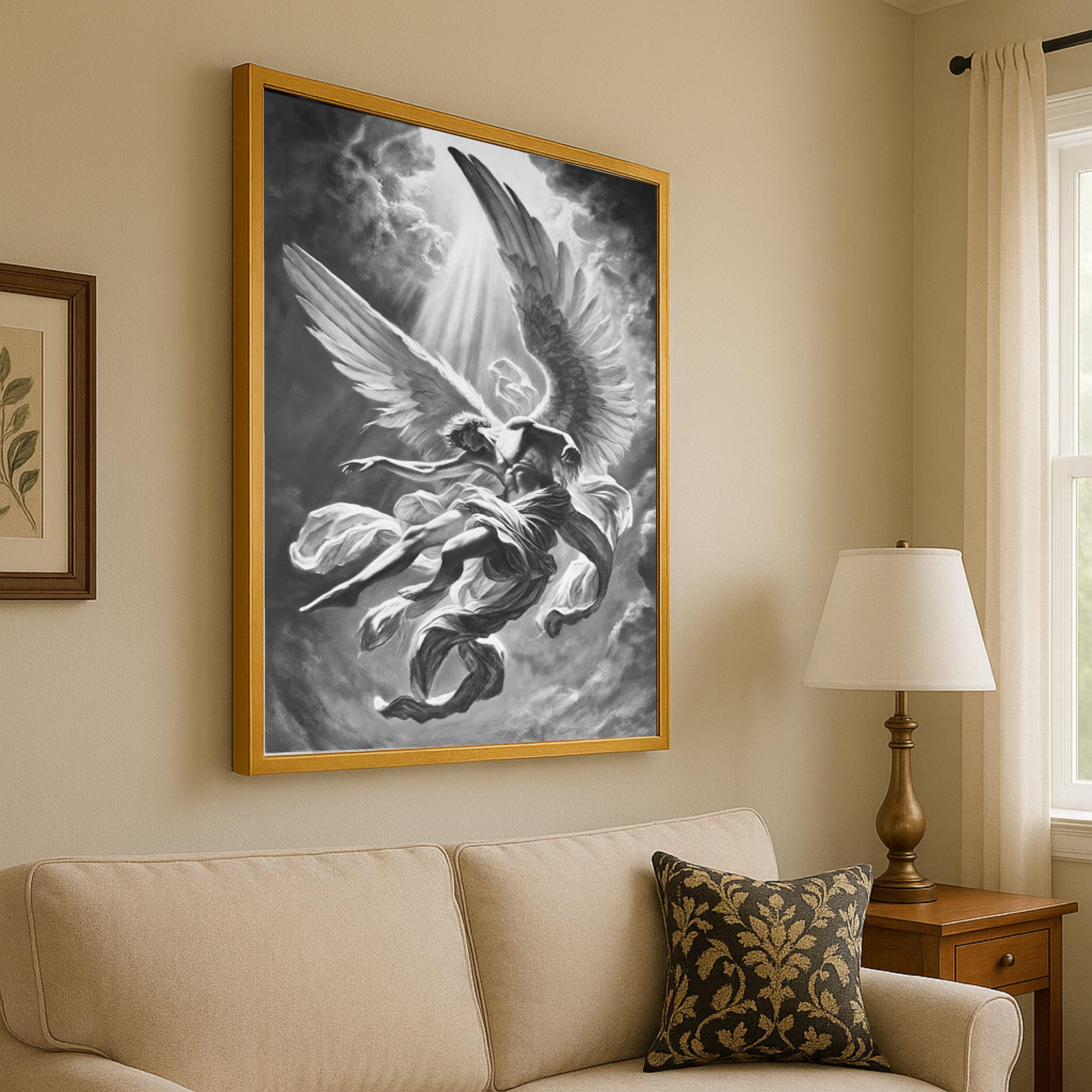 Black and White Angel Canvas Print – Spiritual Wall Art, Dramatic Wall Decor, Heavenly Artwork Ready to Hang