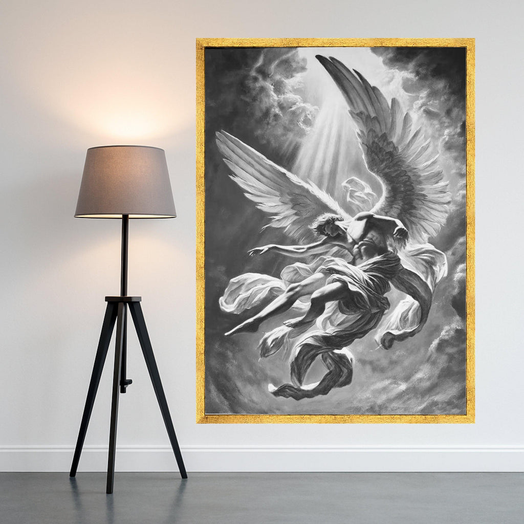 Black and White Angel Canvas Print – Spiritual Wall Art, Dramatic Wall Decor, Heavenly Artwork Ready to Hang