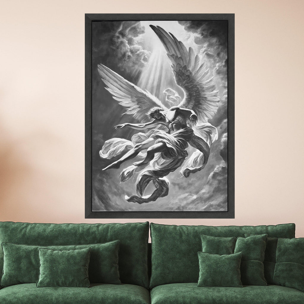 Black and White Angel Canvas Print – Spiritual Wall Art, Dramatic Wall Decor, Heavenly Artwork Ready to Hang