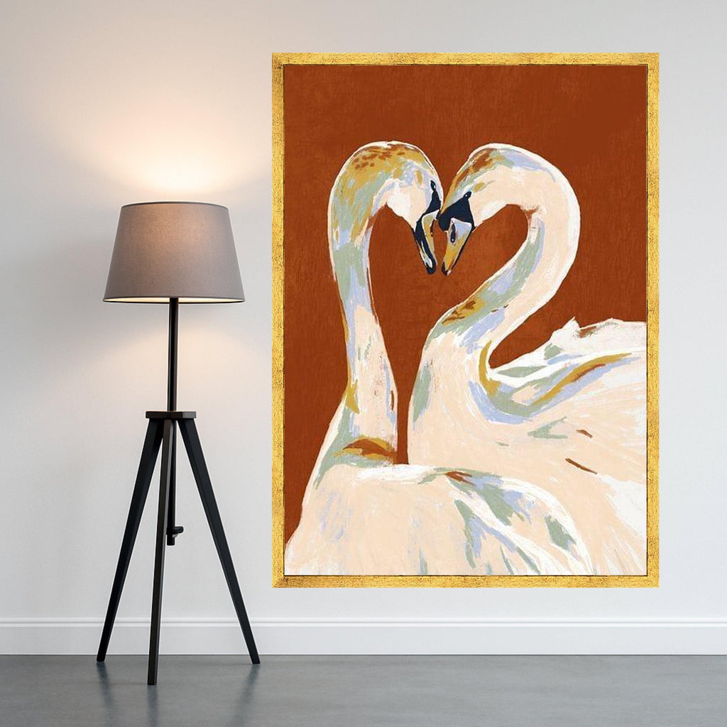 Elegant Swan Couple Canvas, Romantic Bird Wall Art, Love Heart Shape Painting, Animal Nature Canvas, Modern Home Decoration Ready To Hang,