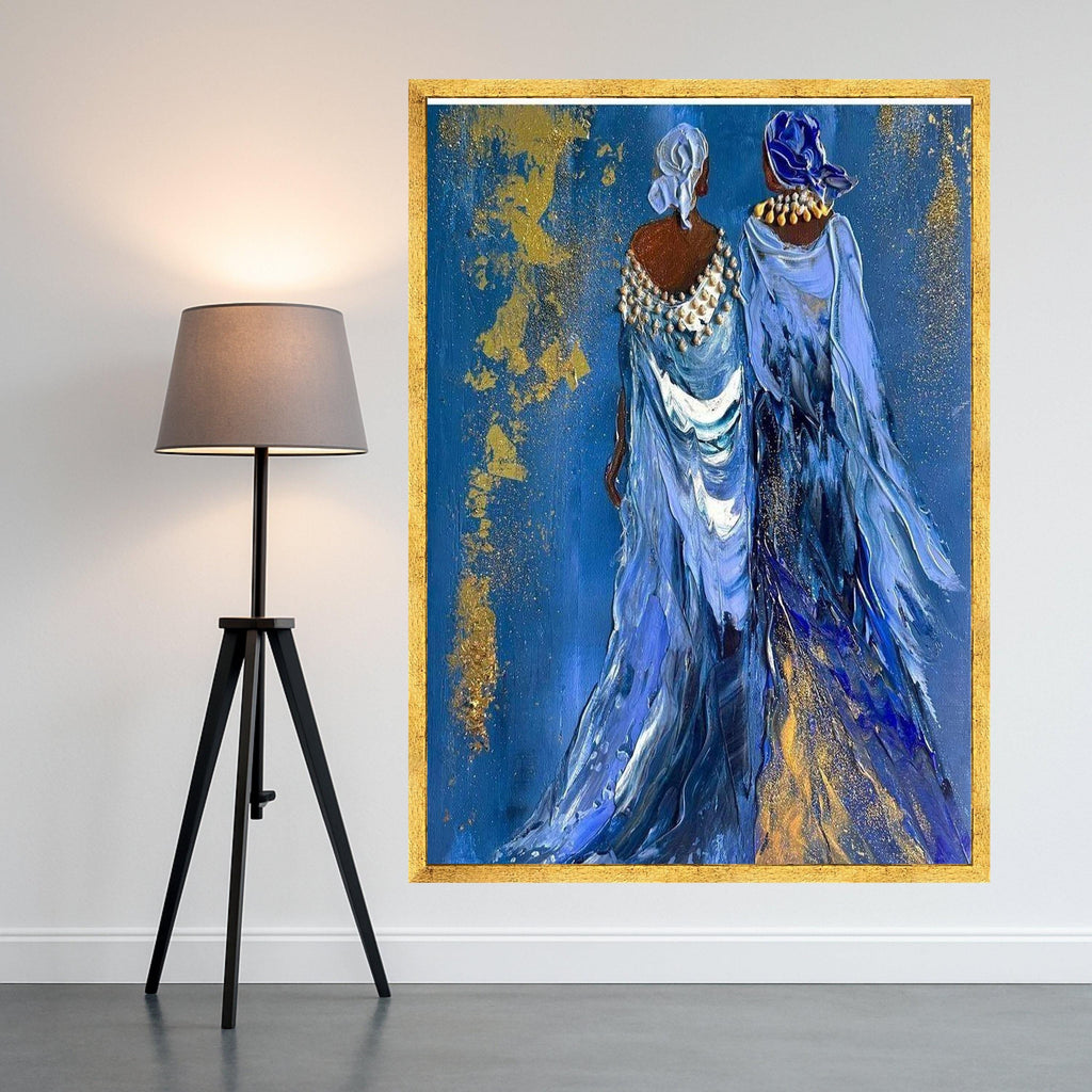 Elegant Women Canvas Print – Afrocentric Wall Art Ready to Hang – Blue and Gold Wall Decor for Living Room or Bedroom