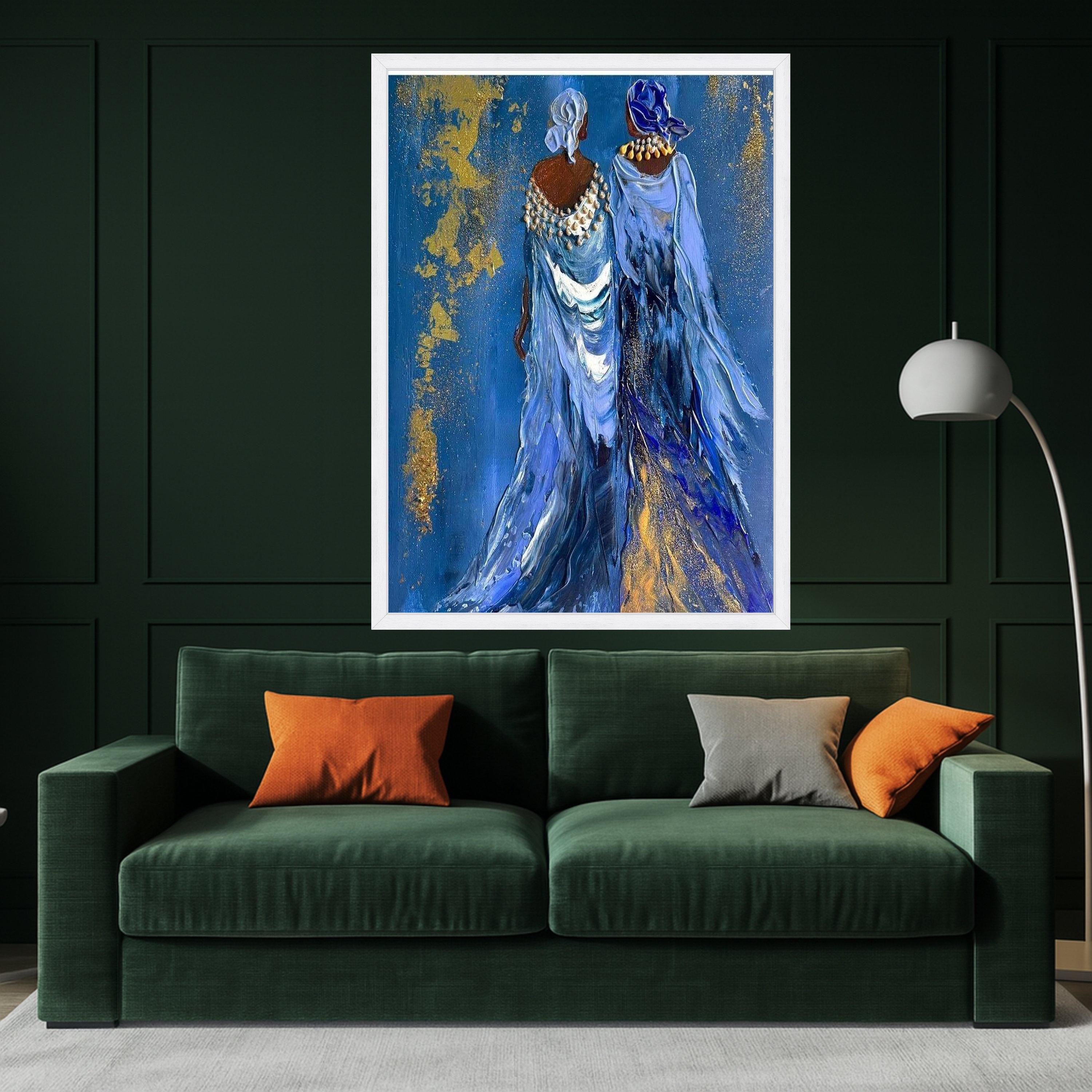Elegant Women Canvas Print – Afrocentric Wall Art Ready to Hang – Blue and Gold Wall Decor for Living Room or Bedroom