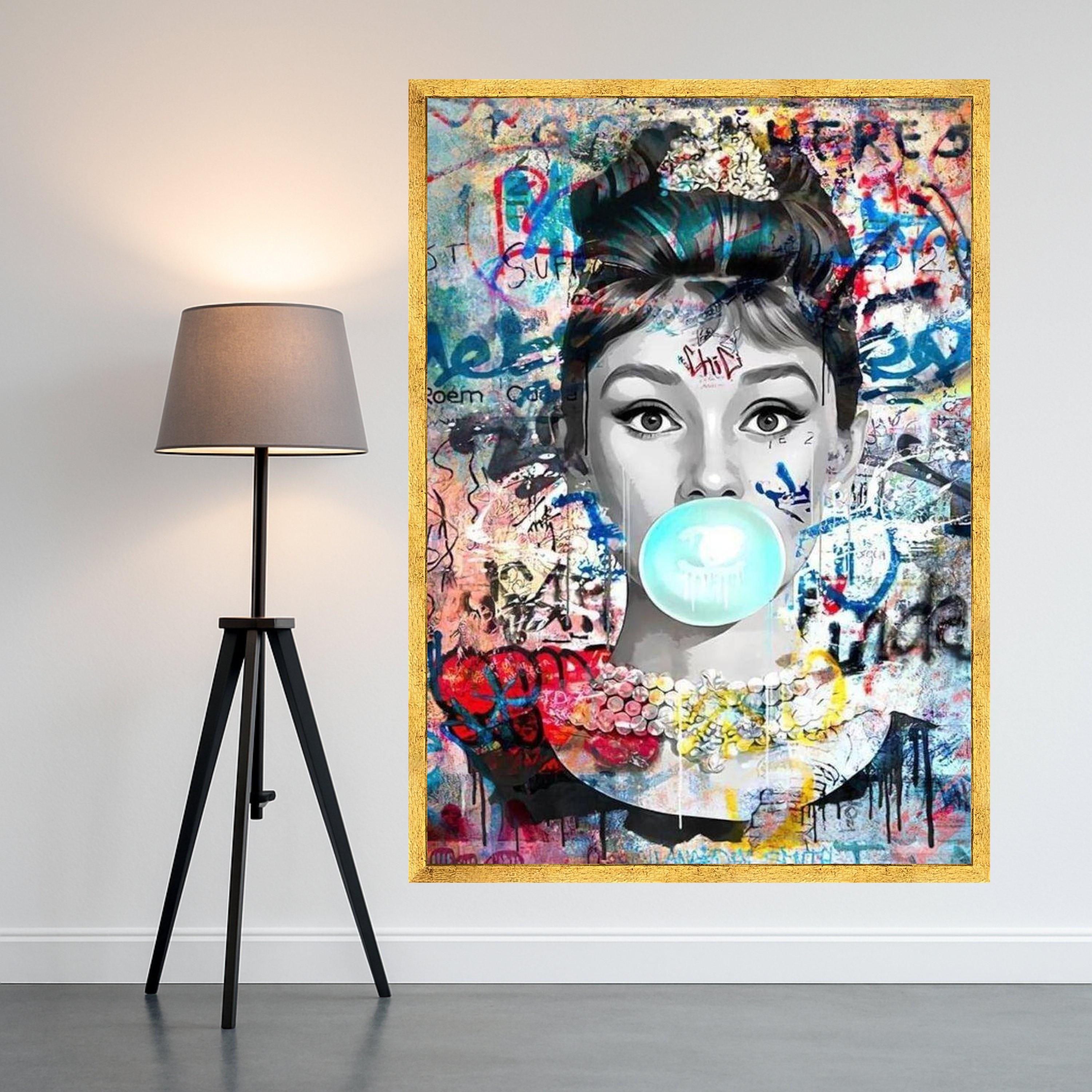 Retro Pop Art Portrait Canvas, Audrey Hepburn Bubblegum Graffiti Wall Art, Modern Urban Canvas Decoration, Street Art Style Ready To Hang,