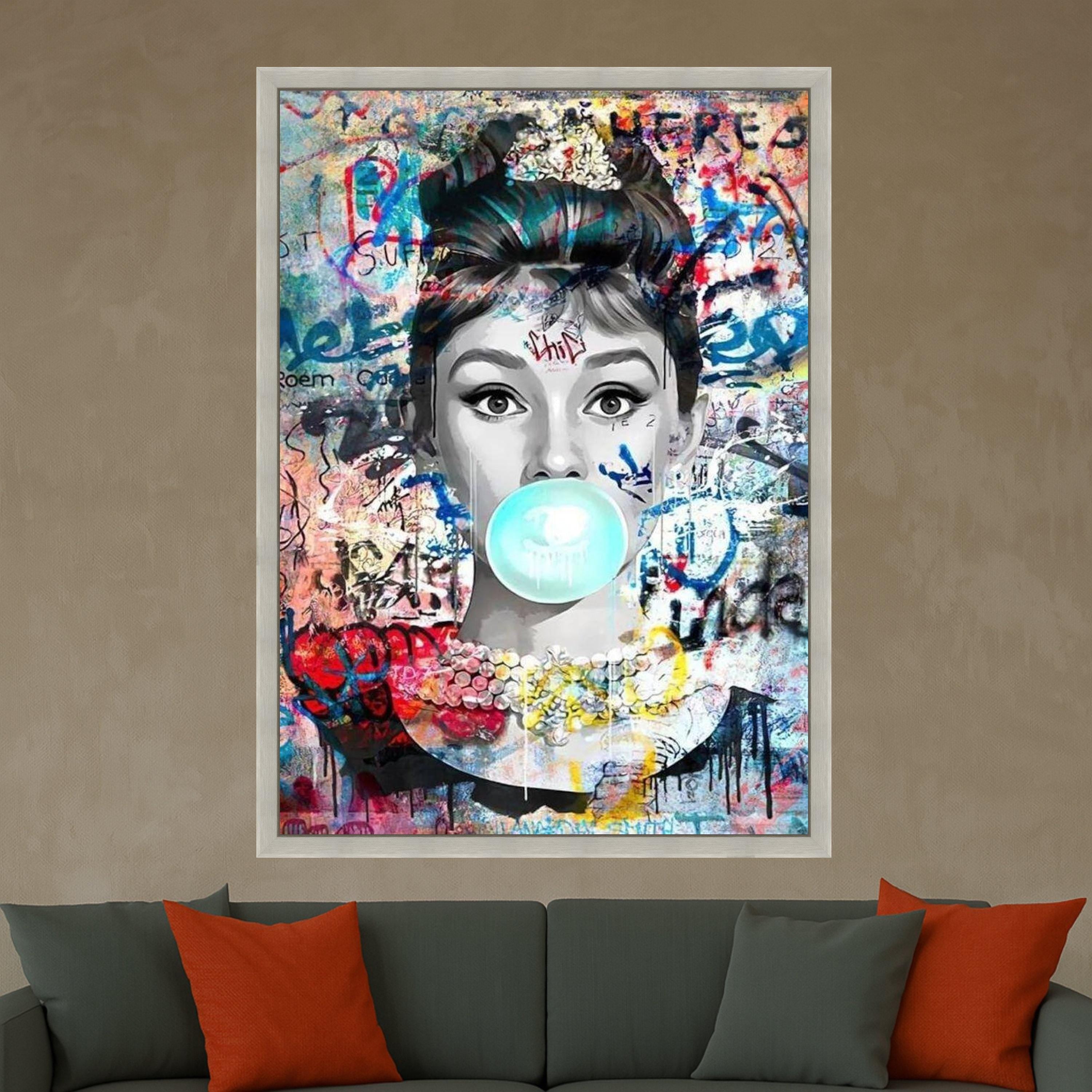 Retro Pop Art Portrait Canvas, Audrey Hepburn Bubblegum Graffiti Wall Art, Modern Urban Canvas Decoration, Street Art Style Ready To Hang,