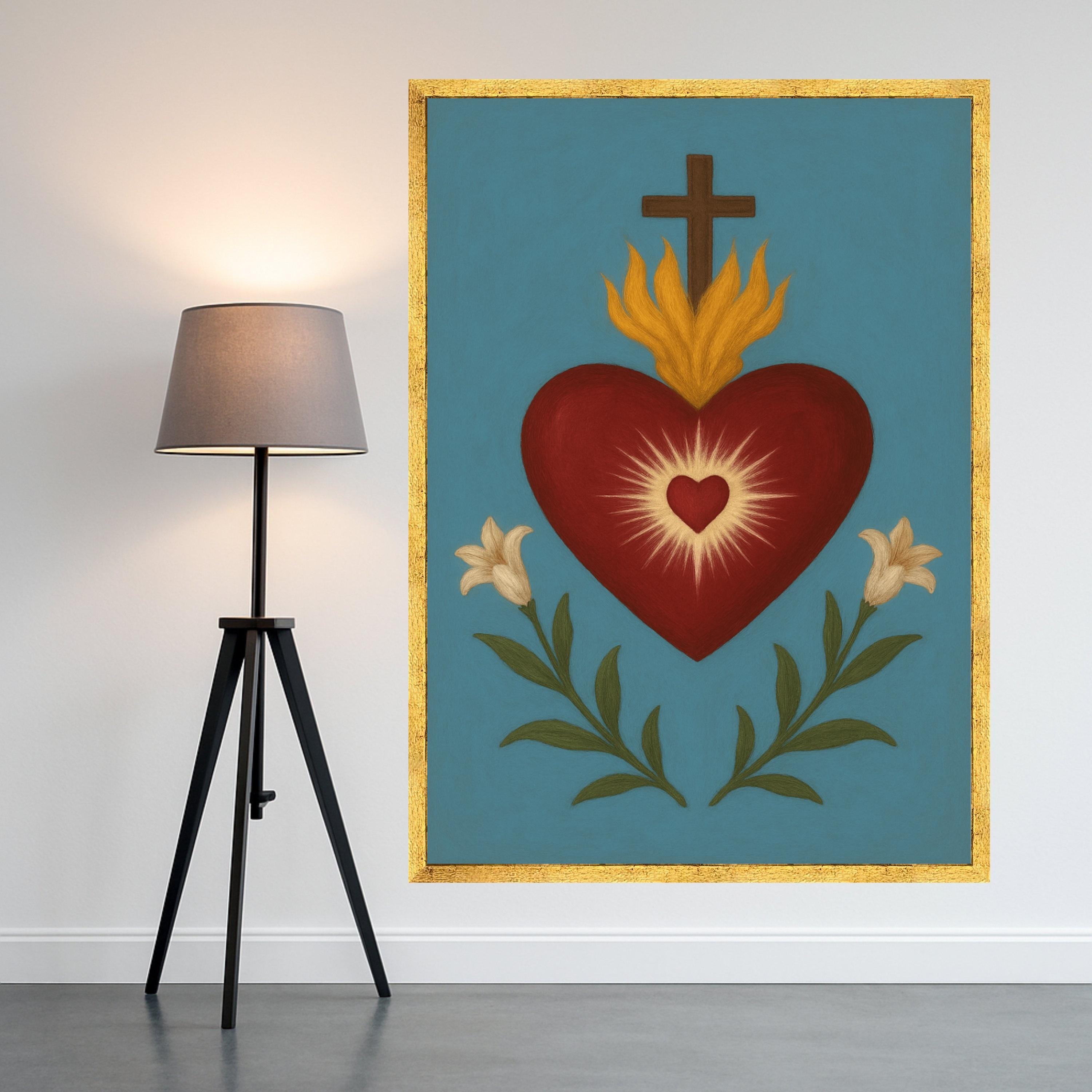 Sacred Heart Canvas Print – Religious Wall Art, Folk Style Wall Decoration, Christian Wall Decor Ready to Hang