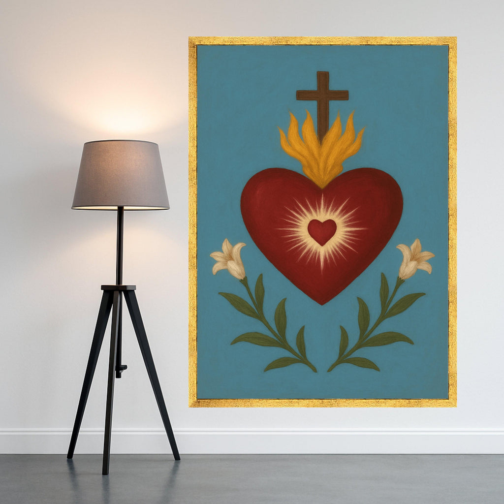 Sacred Heart Canvas Print – Religious Wall Art, Folk Style Wall Decoration, Christian Wall Decor Ready to Hang