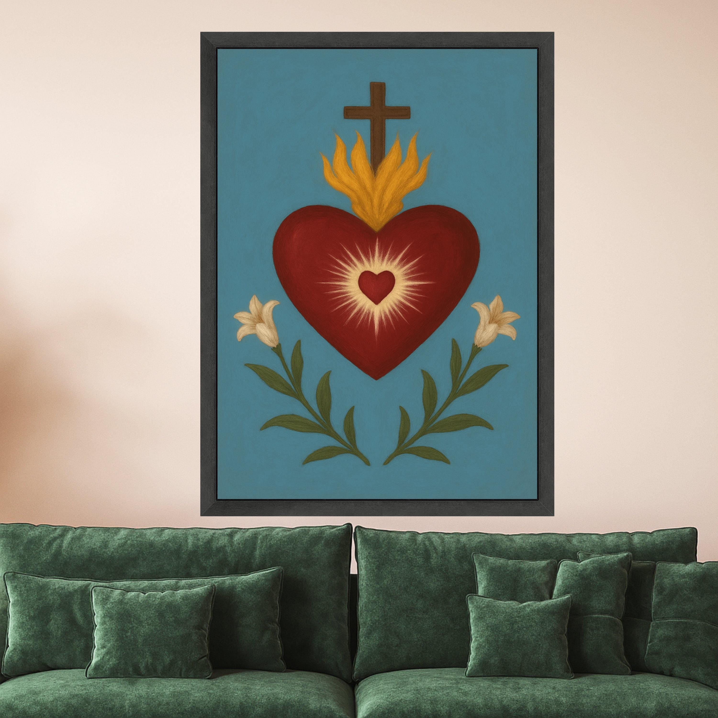 Sacred Heart Canvas Print – Religious Wall Art, Folk Style Wall Decoration, Christian Wall Decor Ready to Hang