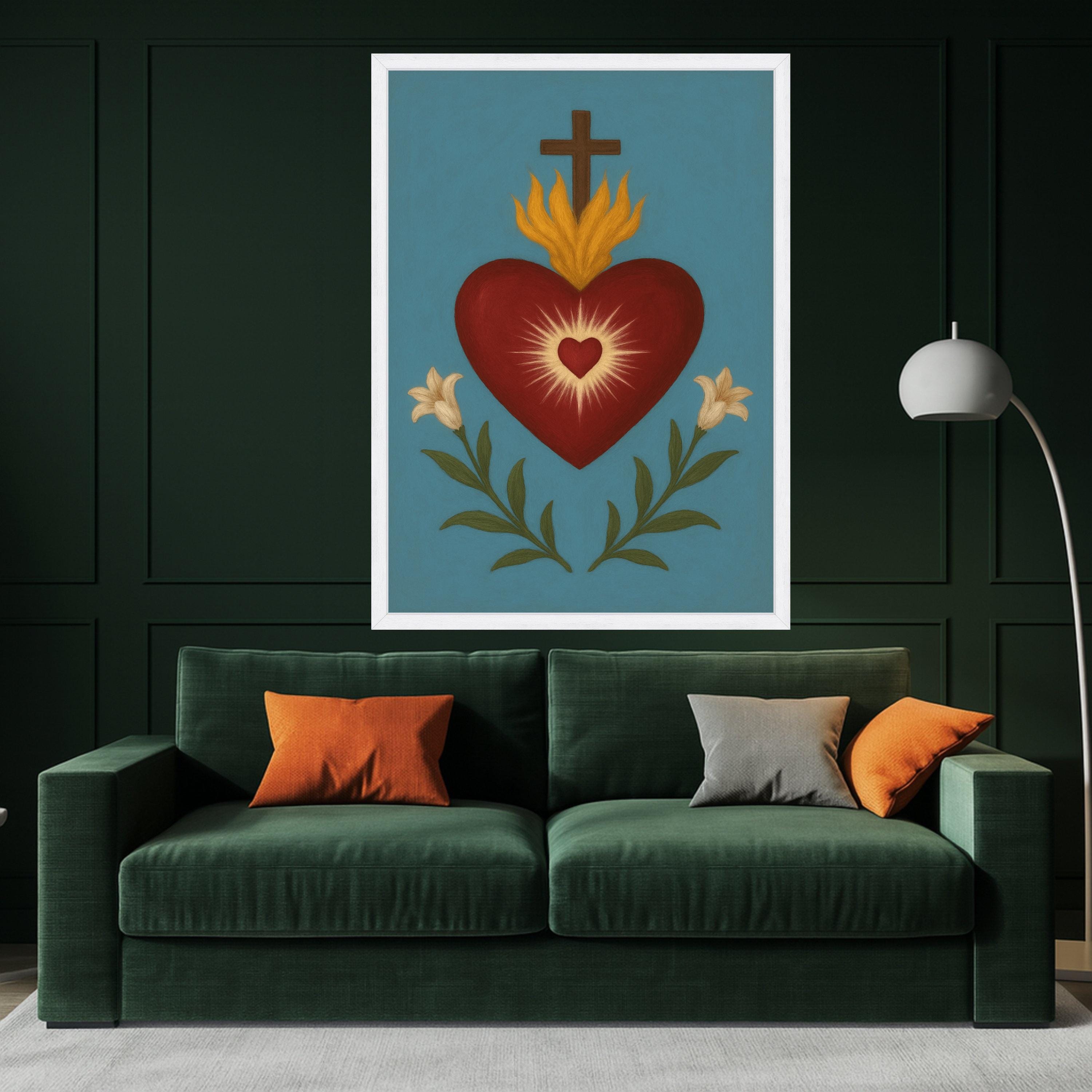 Sacred Heart Canvas Print – Religious Wall Art, Folk Style Wall Decoration, Christian Wall Decor Ready to Hang