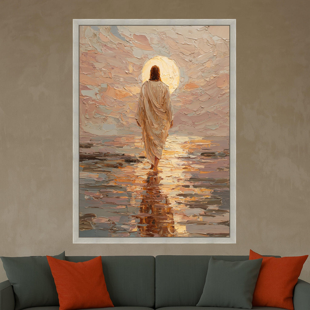 Jesus Walking on Water Canvas Print – Christian Wall Art, Sunset Faith Wall Decor, Ready to Hang Religious Wall Decoration
