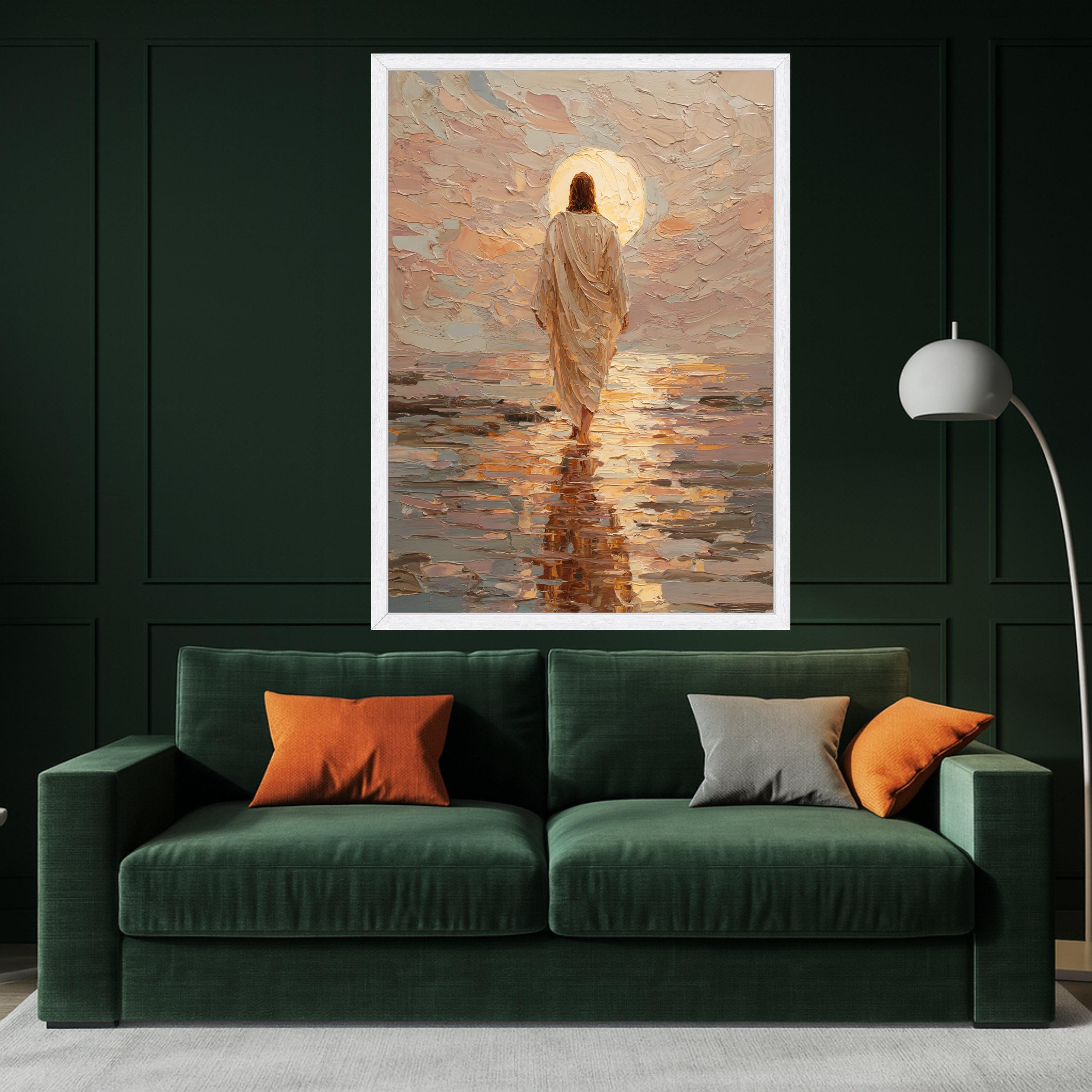 Jesus Walking on Water Canvas Print – Christian Wall Art, Sunset Faith Wall Decor, Ready to Hang Religious Wall Decoration