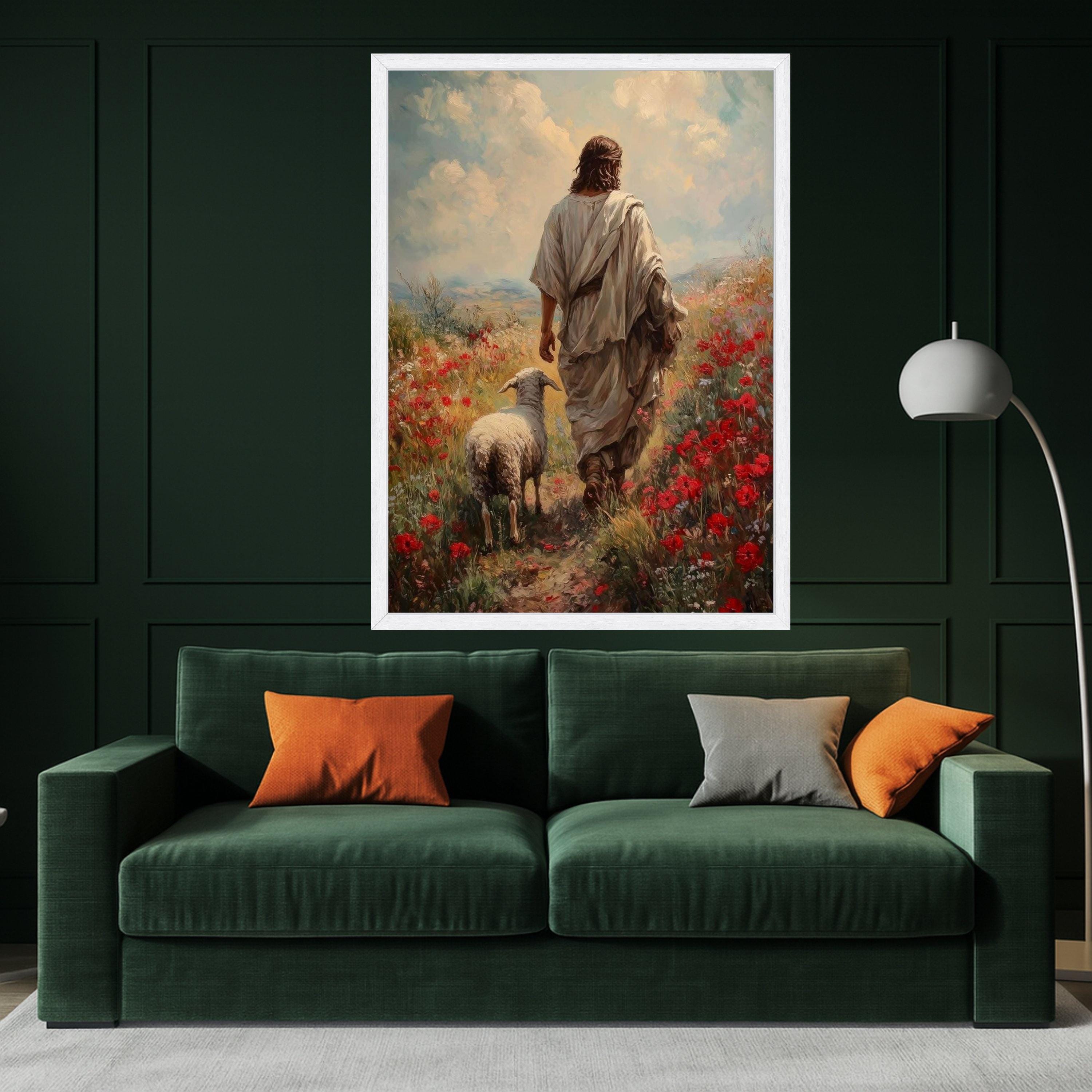 Jesus with Lamb Canvas Print – Christian Wall Art, Pastoral Faith Wall Decor, Ready to Hang Religious Wall Decoration