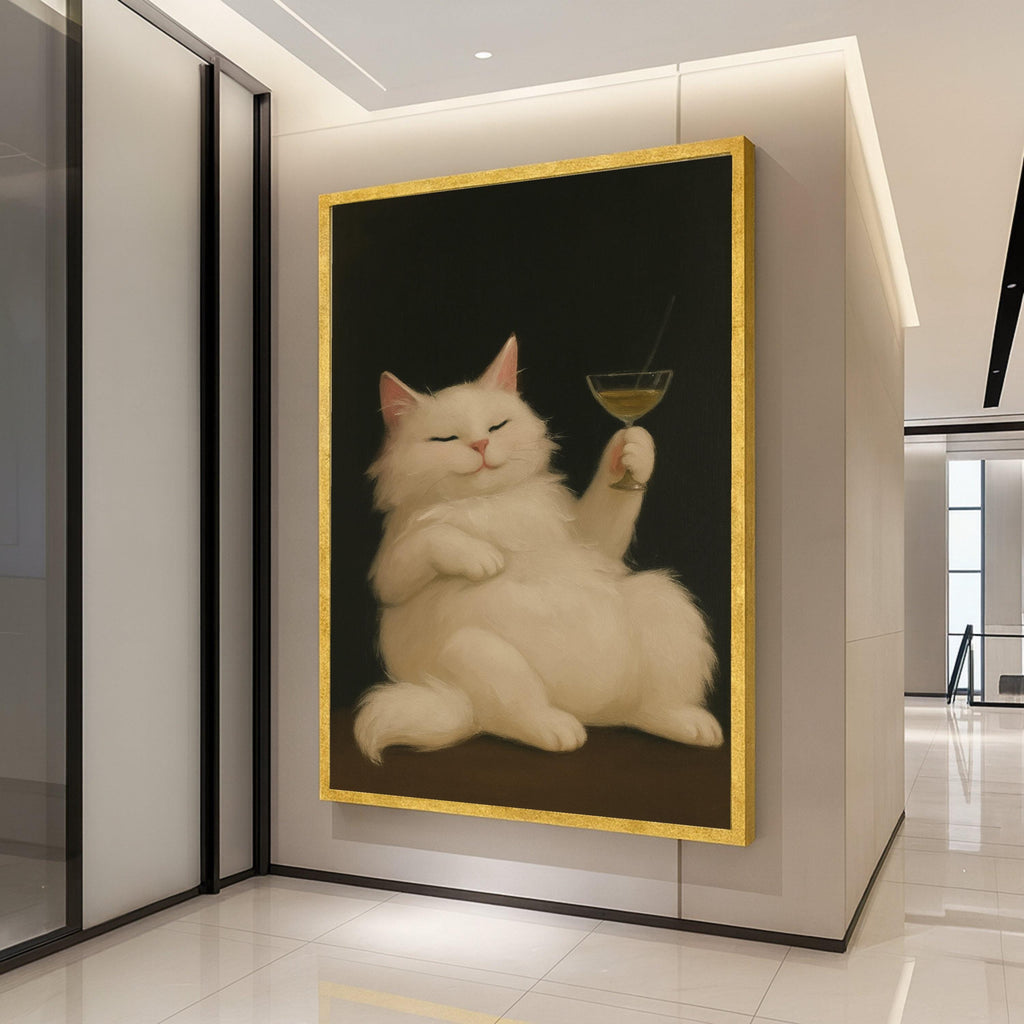 Funny Cat Canvas Print – White Cat Wall Art with Cocktail, Quirky Wall Decor, Ready to Hang Animal Wall Decoration