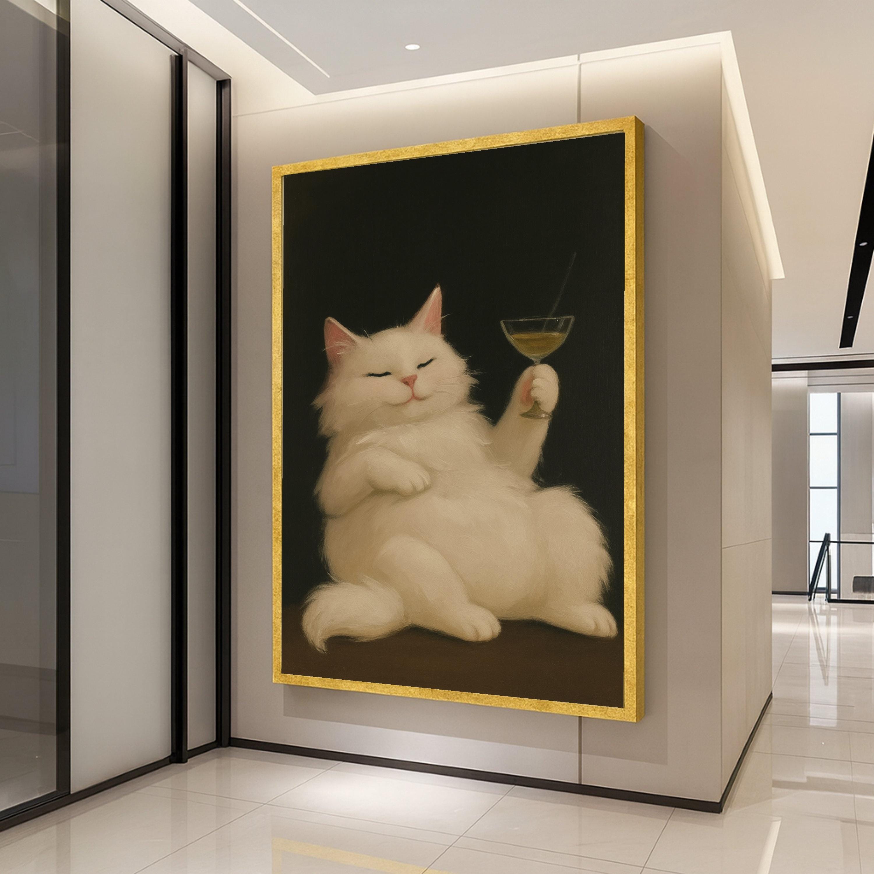 Funny Cat Canvas Print – White Cat Wall Art with Cocktail, Quirky Wall Decor, Ready to Hang Animal Wall Decoration