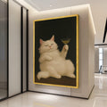 Funny Cat Canvas Print – White Cat Wall Art with Cocktail, Quirky Wall Decor, Ready to Hang Animal Wall Decoration