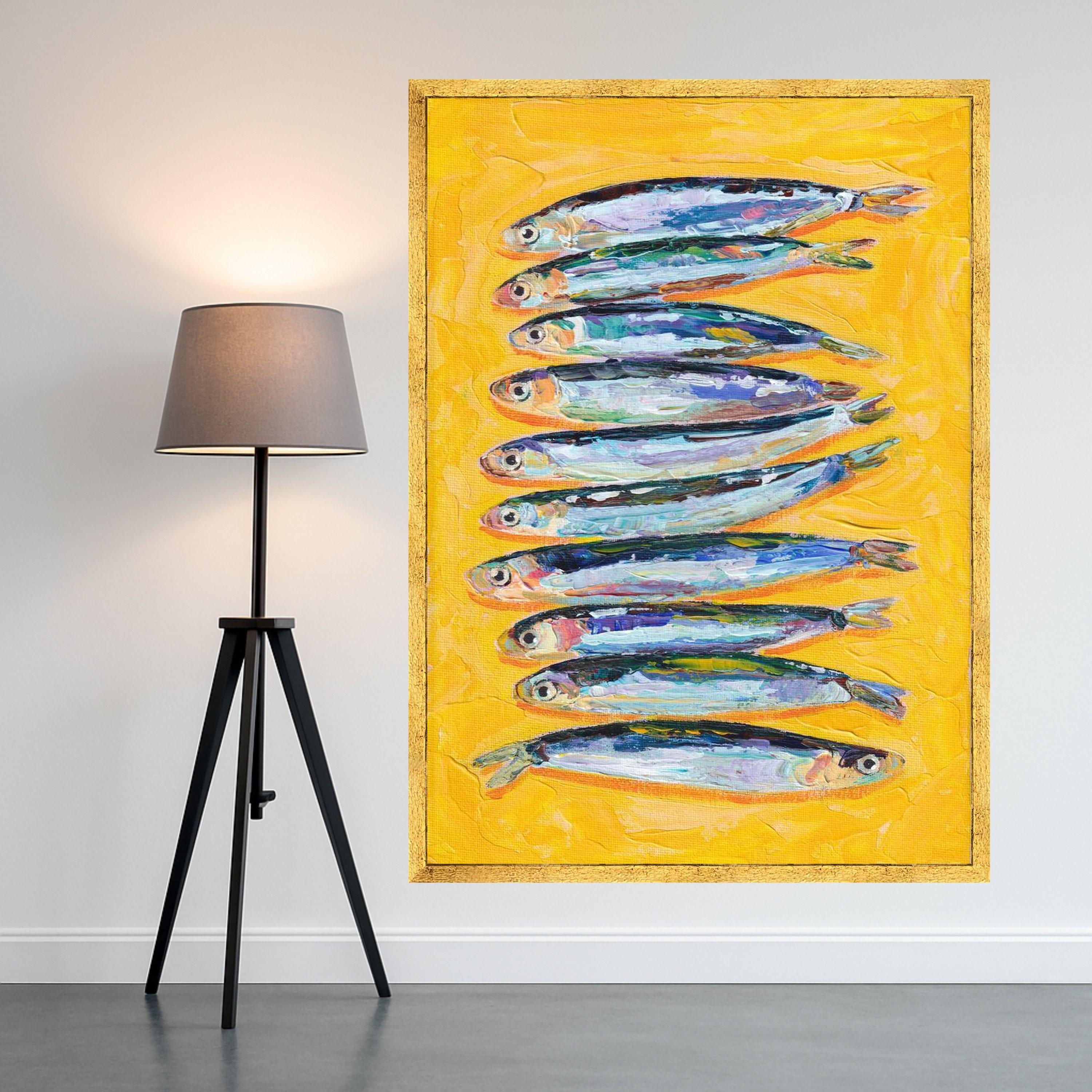 Colorful Fish Canvas Print – Modern Coastal Kitchen Wall Art – Bold Yellow Wall Decor – Ready to Hang Nautical Painting