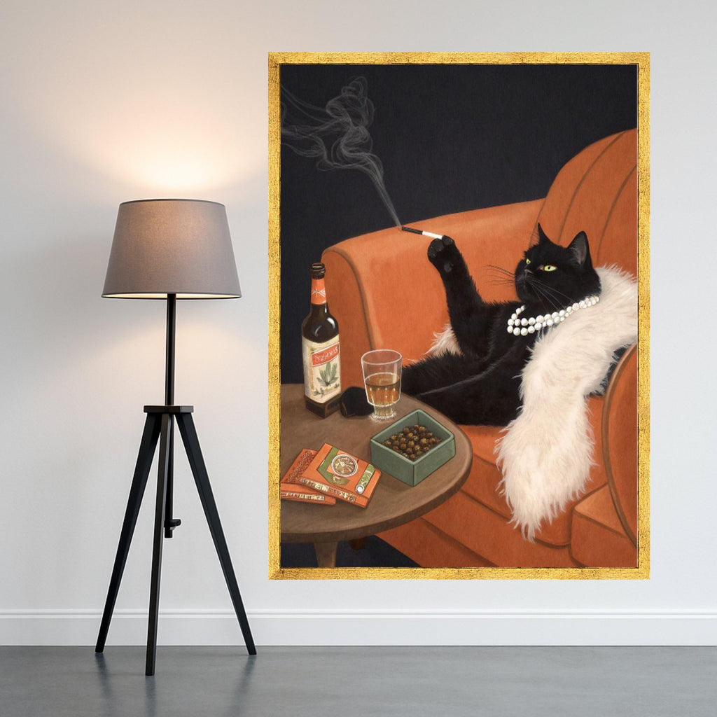 Elegant Black Cat Canvas Print – Glamorous Cat Wall Art, Wall Decor, Ready to Hang Wall Decoration