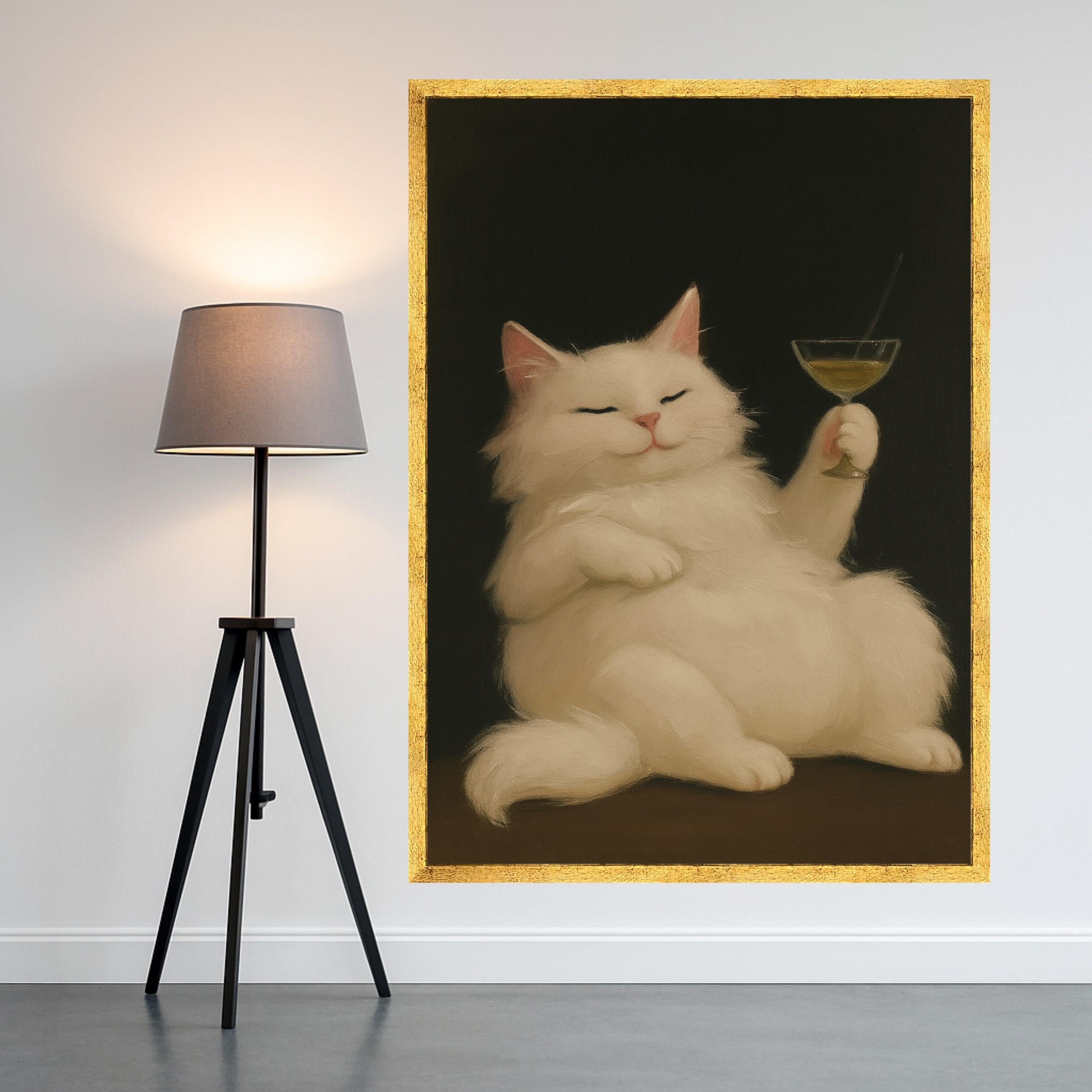 Funny Cat Canvas Print – White Cat Wall Art with Cocktail, Quirky Wall Decor, Ready to Hang Animal Wall Decoration